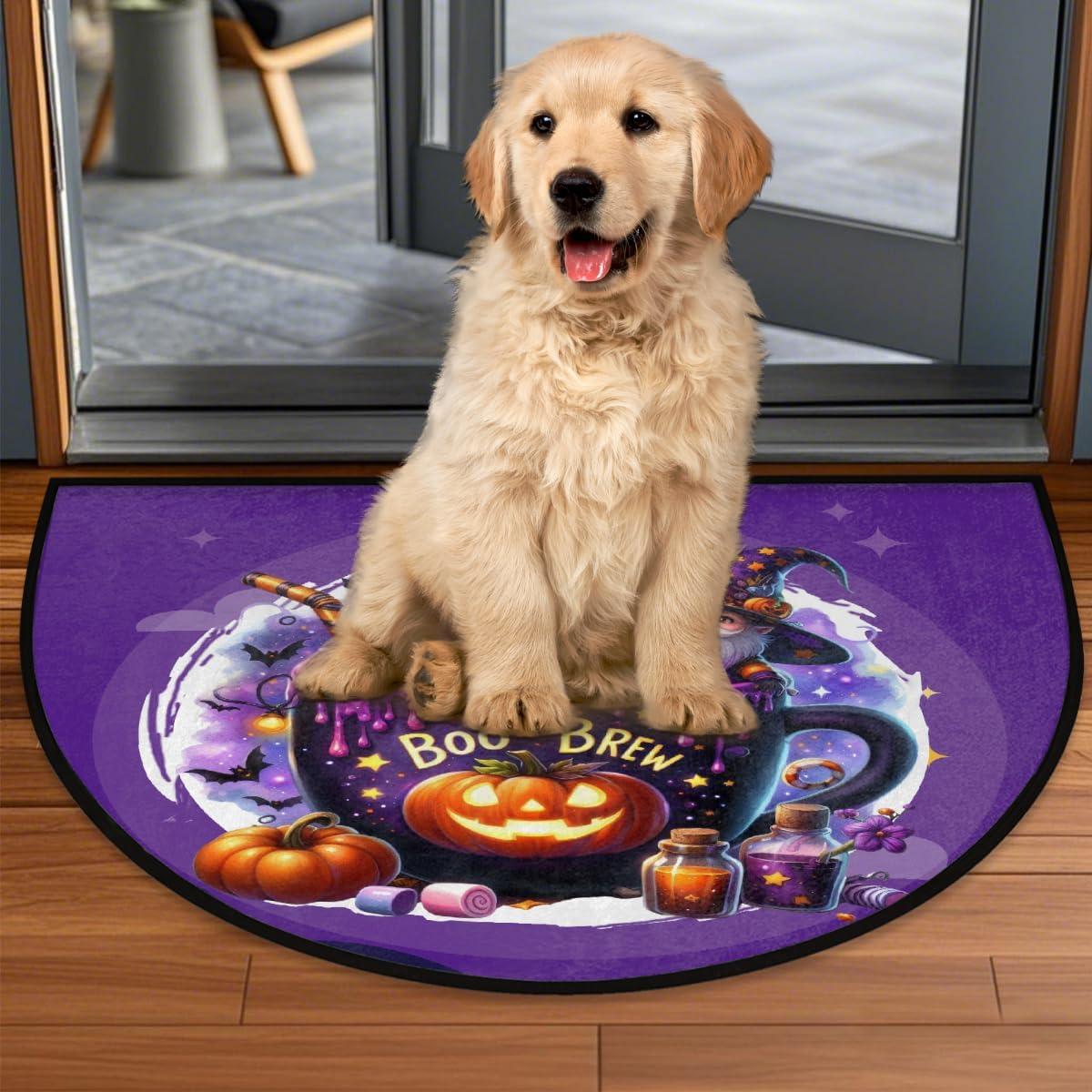 Half Round Door Mat Purple Cup Gnome Non-Slip Soft Semi Circle Rug Washable Half Moon Welcome Entrance Doormat for Outdoor Indoor Floor Bedroom Bathroom Home Kitchen Festival Decor Gift