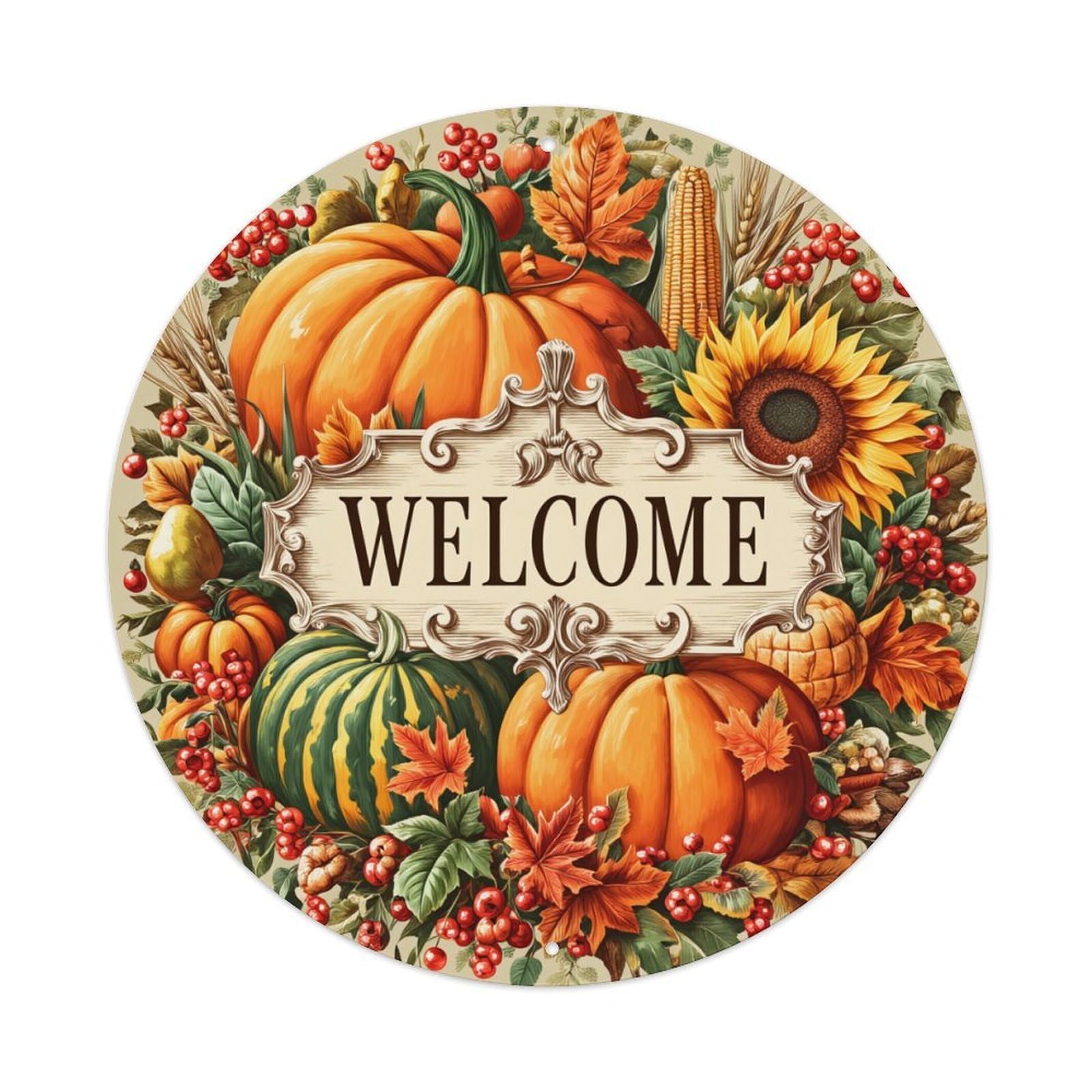Autumn Harvest Welcome Sign Pattern Round Tin Sign Vintage Metal Poster, Home Bar Garage Man Cave Cafe Indoor & Outdoor Wall Decoration 8x8Inches