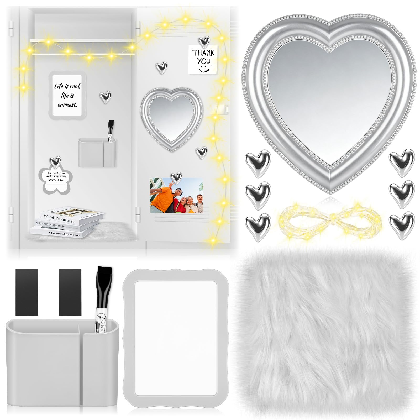 Gosodeny 14 Pcs Locker Accessories Kit Back to School Essentials Heart Mirror Whiteboard Mini Rug Cute Flower Magnets Supplies Back to School Essentials Organization Decoration Supplies