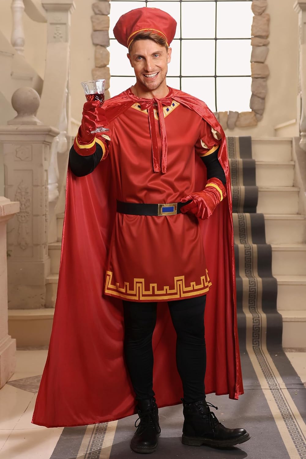 Mainfini Men's 6 Pcs Farquad Costume Halloween Adult Red Lord Outfits Full Set (S-3XL)