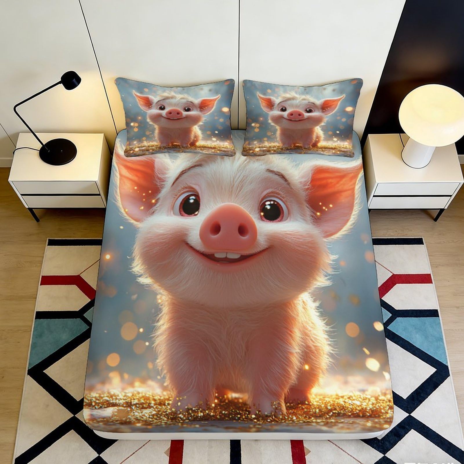 3D Printed Cute Piglet Fitted Sheet Microfiber Soft Breathable 3D Cartoon Bed Cover for Bedroom Dormitory Guest Room Mattress Protection Decor 140x200x25cm