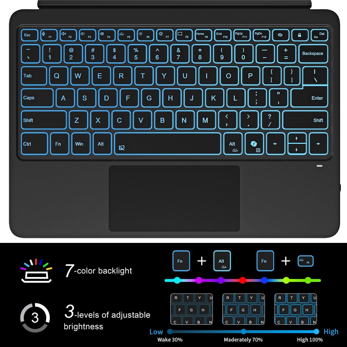 for Microsoft Surface Pro 12 inch Keyboard (2025 Model), Bluetooth Wireless Magnetic Type Cover with 7-Color Backlit & Multi-Touch Touchpad, Ultra-Slim Rechargeable, Black