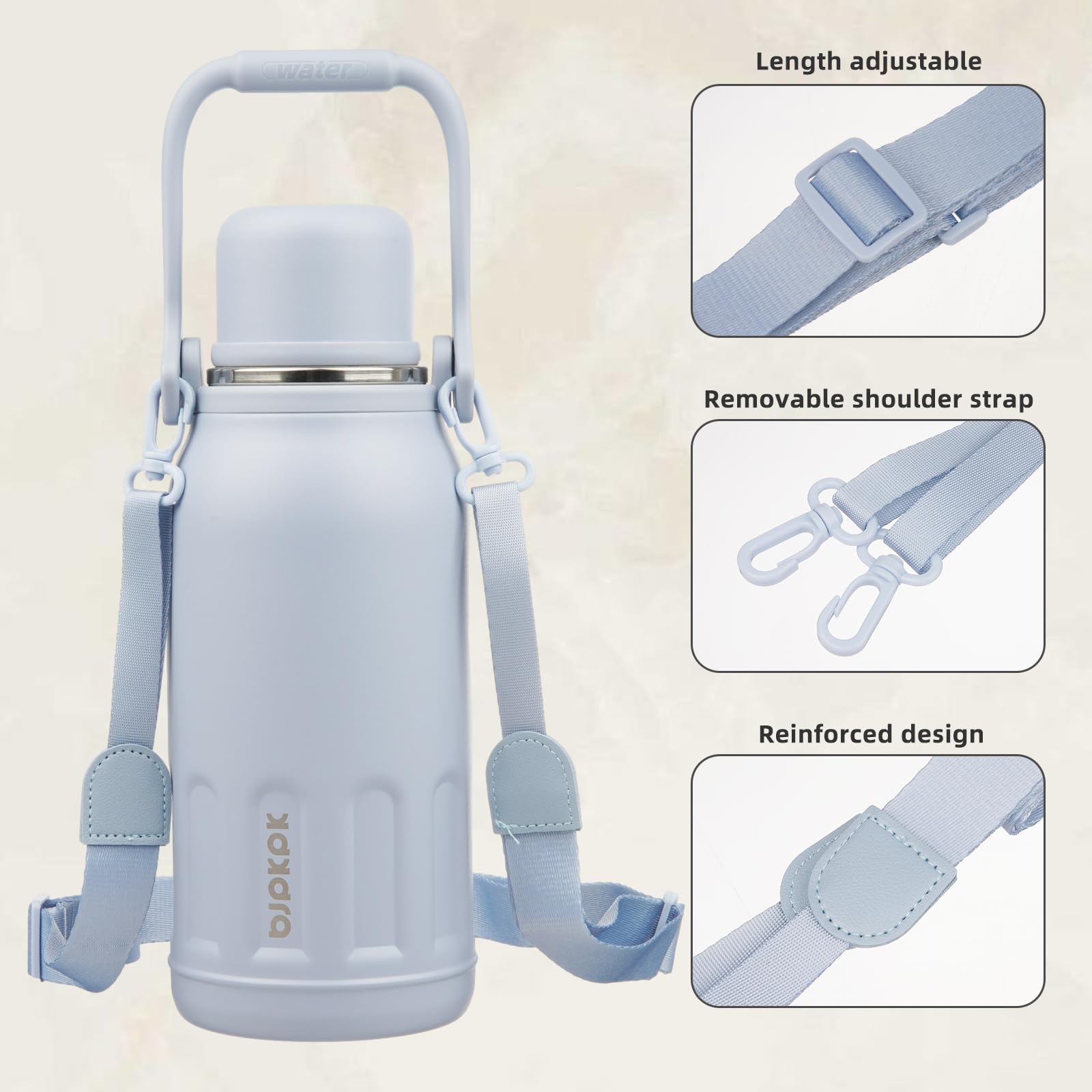 BJPKPK Botella de agua térmica aislada al vacío con asa y tapa, botellas de agua de acero inoxidable de 40 onzas para bebidas frías y calientes, neblina azul