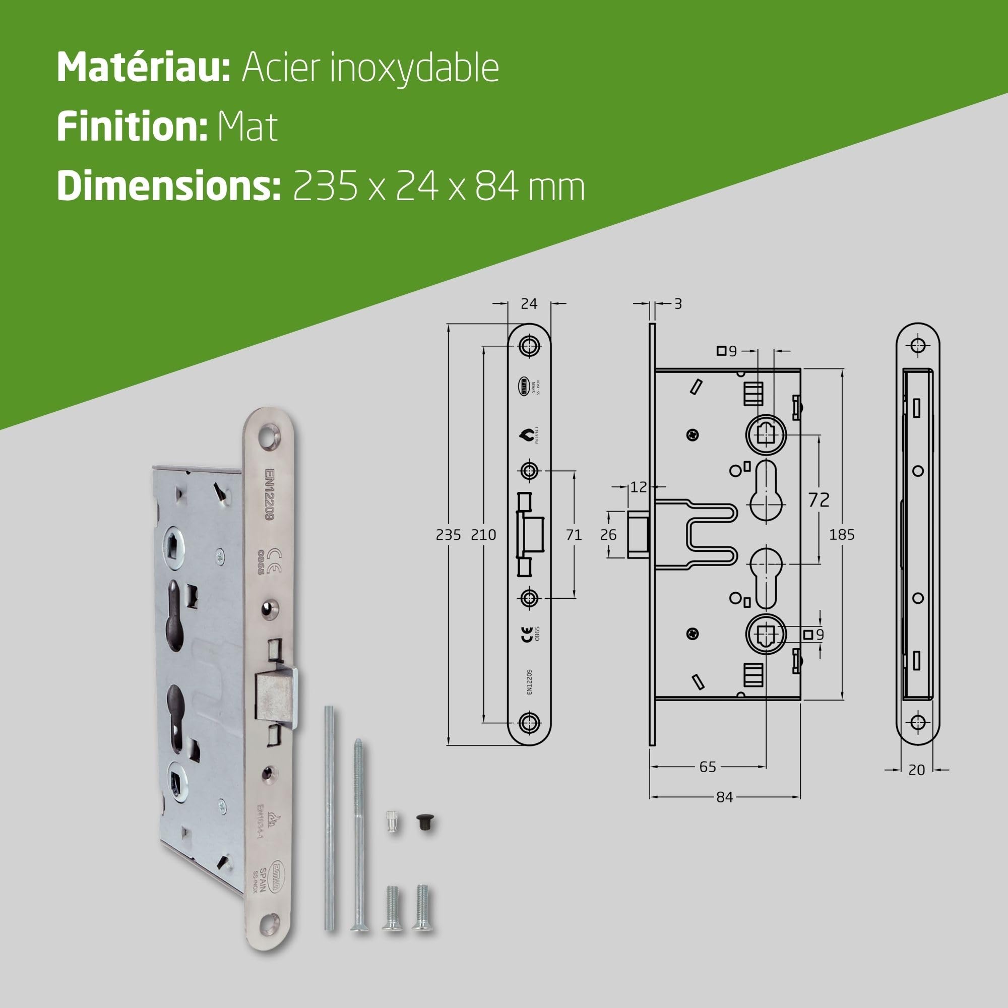 Amig – Serrure homologuée pour portes coupe‑feu Mod. 6572 – 65 x 72 mm – Double fouillot et logement pour cylindre – Acier inoxydable mat – Certifiée et sans fonction anti‑panique