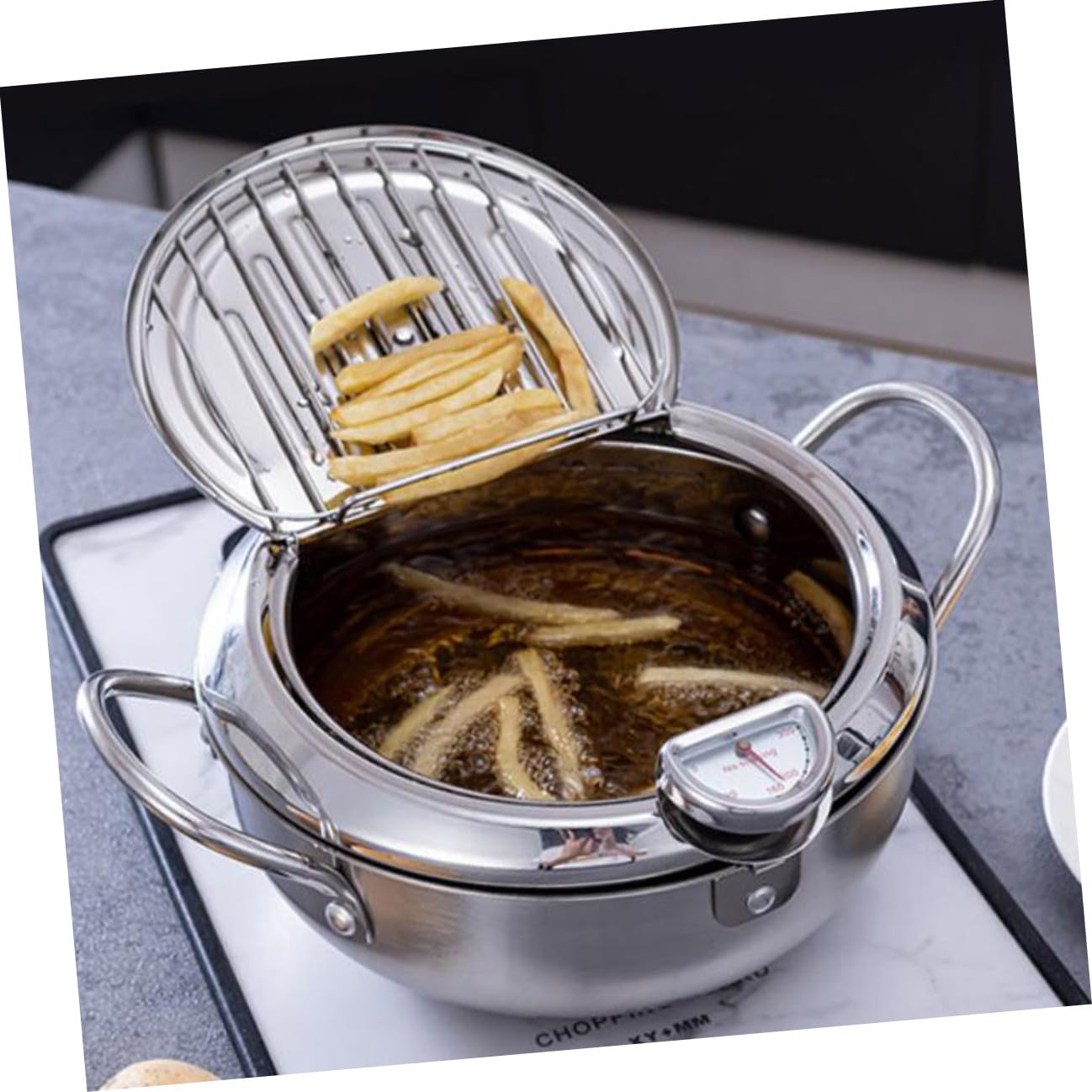Hemobllo Freidora con Termómetro de Inoxidable Tapa Incluida Control de Temperatura para Cocina Casera Freidora Doméstica