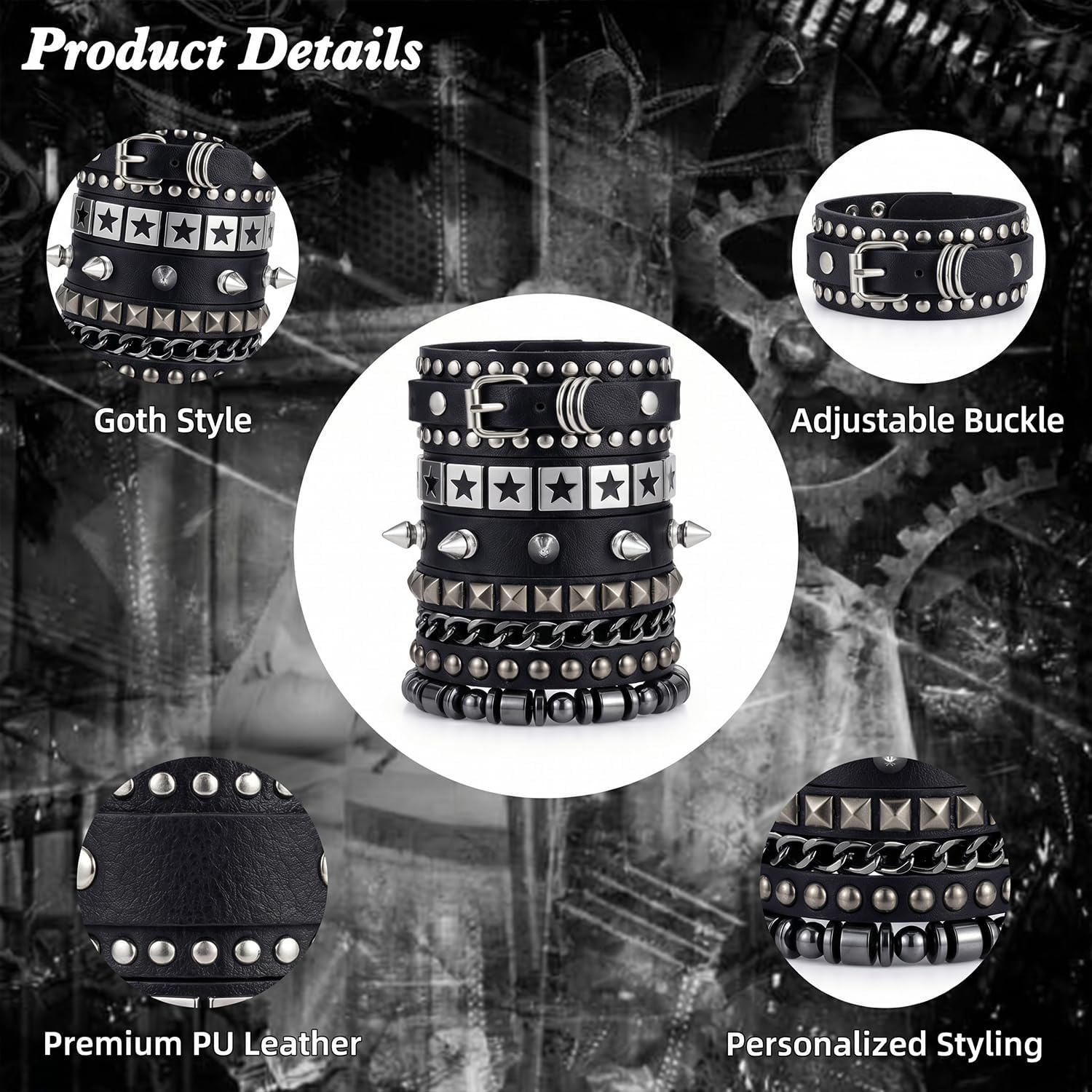 Punk Spike Goth Bracelet Set Adjustable Studded Leather Bracelets for Men Women Emo Rock Accessories
