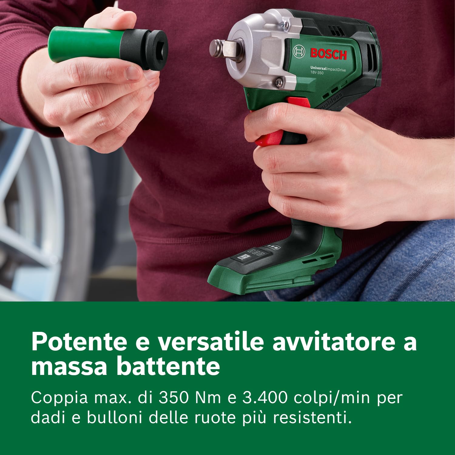 Bosch Avvitatore a massa battente a batteria UniversalImpactDrive 18V-350 (Serraggio e fissaggio potente per le costruzioni; coppia max.: 350 Nm; adattatore esagonale; set di dadi; senza batteria)