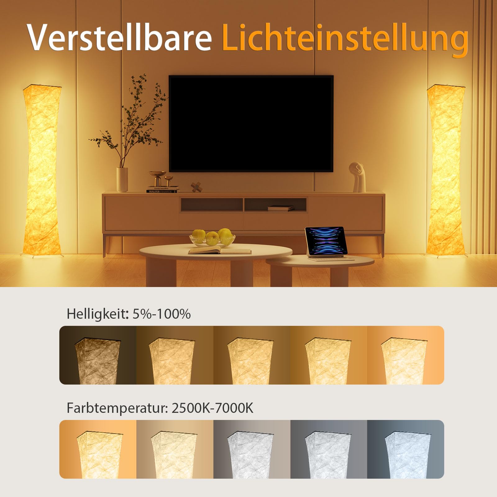 ANTENLICHT RGB Stehlampe Wohnzimmer Dimmbar LED Stehleuchte Stoff Weiß | Farbspiel Standleuchte mit Musik Sync, Schönes Floor Lampe mit Fernbedienung/App Control für Wohnzimmer Schlafzimmer Büro