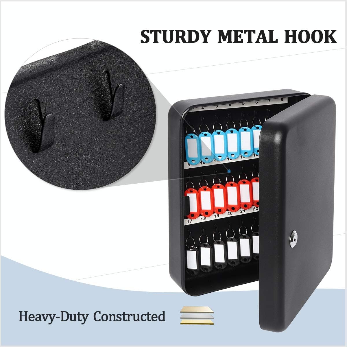 Decaller 48 Key Storage Lock Box with Key Lock, Wall Mount Metal Security Key Cabinet for Home & Office, 11.81" x 9.45" x 2.95", Black