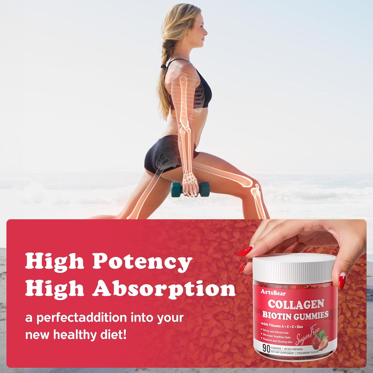 Collagen Gummies with Vitamins C, A, E, Zinc, and Biotin – Hydrolyzed Collagen Peptide Supplement for Hair, Skin, and Nails – Vegan, Sugar-Free, Strawberry Flavor – 90 Gummy - Image 4