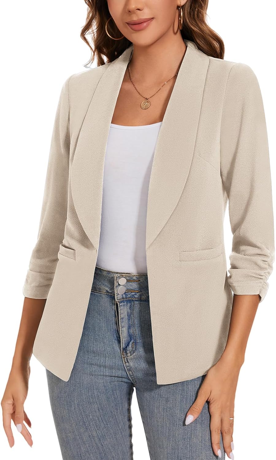 Women Casual Shawl Lapel Work Blazer Ruched 3/4 Sleeve Open Front Business Office Suit Jackets with Pockets