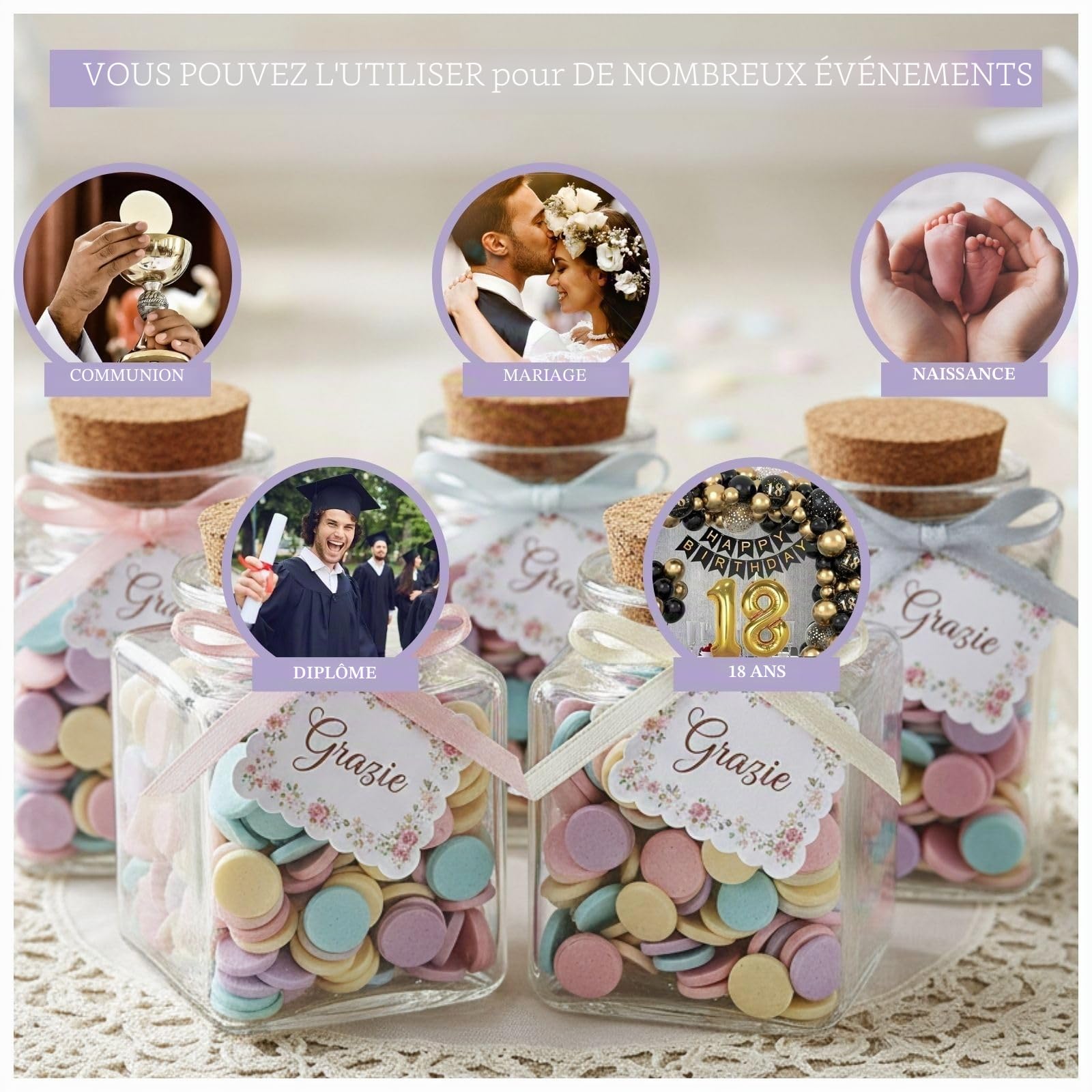 Doni Bomboniere Lot de 50 bocaux carrés, 6 x 4 x 4 cm, avec bouchon en liège, bocaux en verre transparent, haute qualité, personnalisable, bricolage, mariage, baptême, naissance, confirmation, remise
