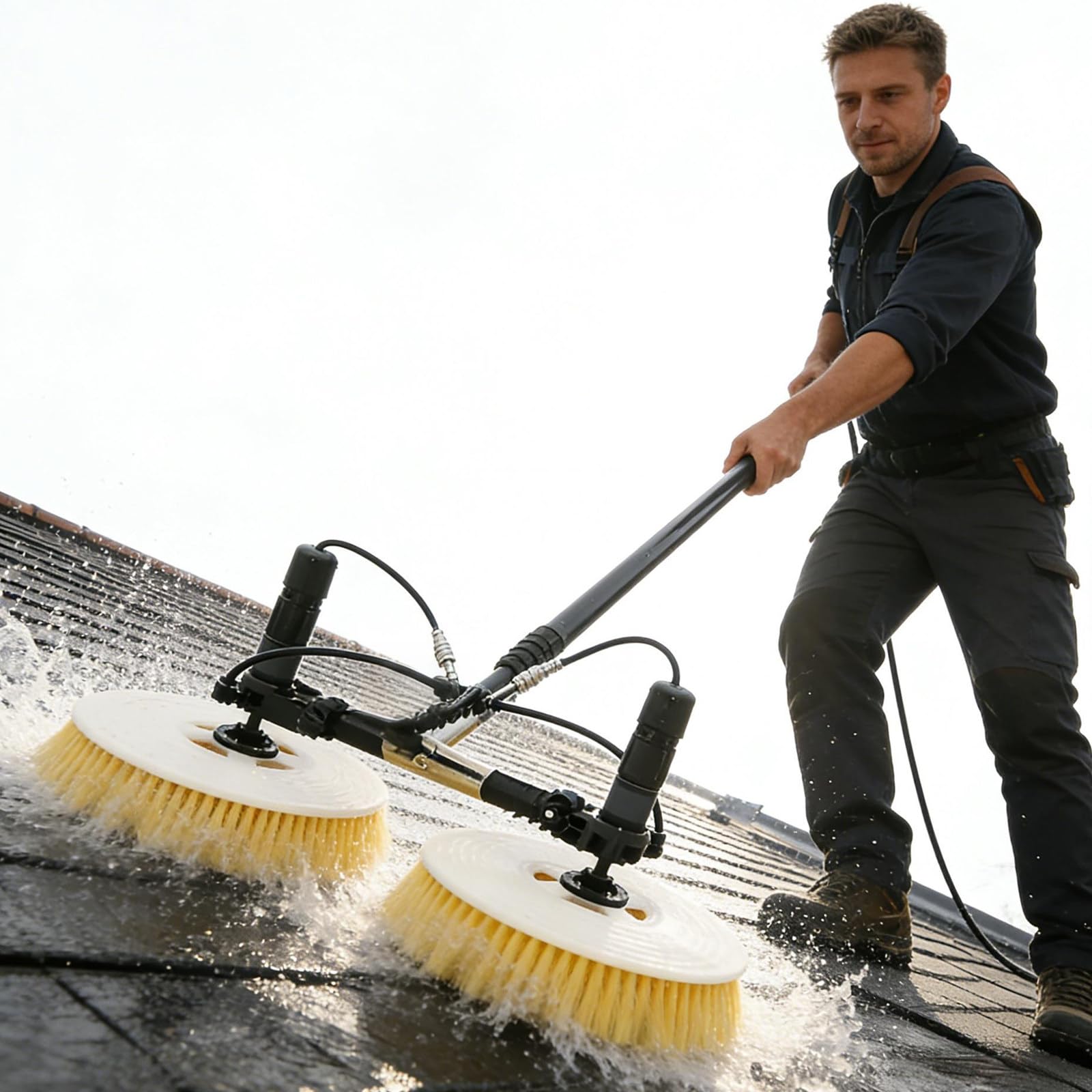 YNBSHGAA Solar Panel Cleaning Brush, 25.6in Dual Heads, Water Fed Pole Kit for High-Reach Arrays & Rooftops, 3.5m