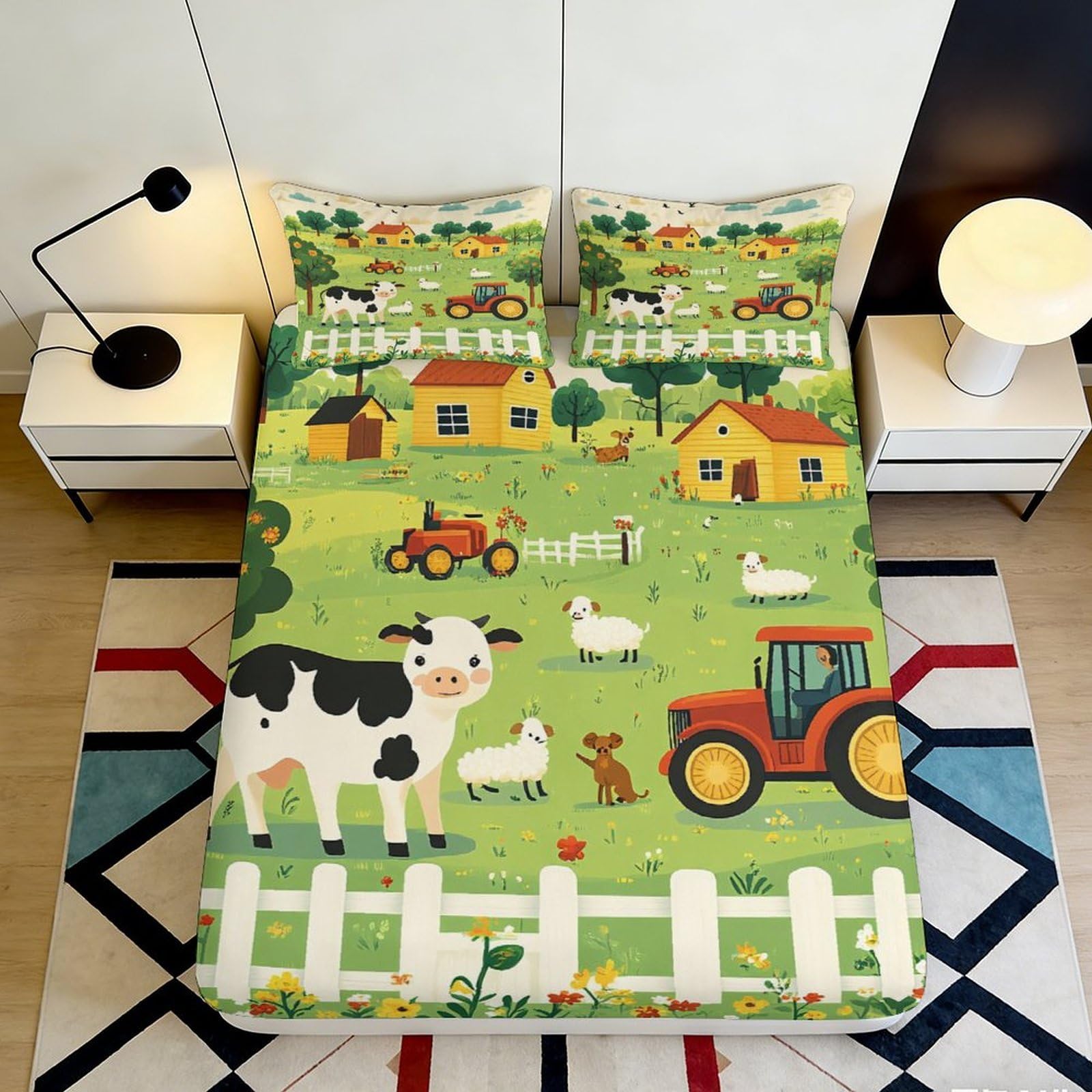 3D Printed Farm Cartoon Fitted Sheet Microfiber Deep Pocket Bedroom Bedding Farm Animal Mattress Fitted Cover Non-Slip for Adults Teens 140x200x25cm