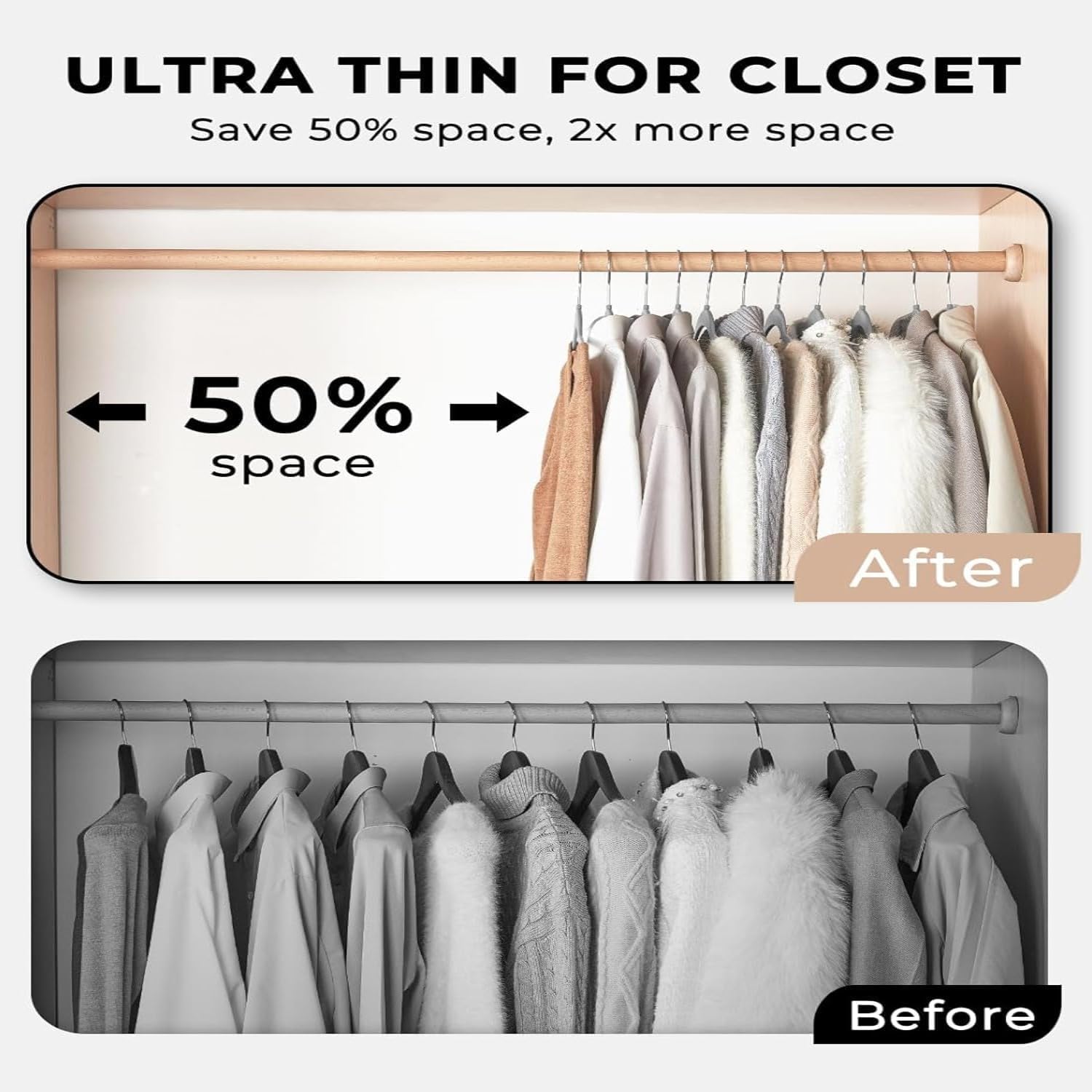 Pack of 6 Slim Plastic Hangers for Clothes - Heavy Duty Non-Velvet Hangers with 360° Swivel Chrome Hook & Non Slip Notches - Ideal for Dresses Coats Shirts Jackets & More