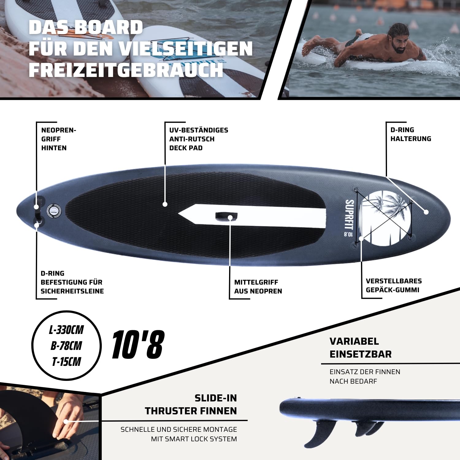 SUPRFIT Stand Up Paddling Board, SUP Board als aufblasbares Komplett-Set, Stand Up Paddle Board mit doppelter PVC Schichtung, Stand-Up Paddling, Standup Paddleboard bis max.140 kg