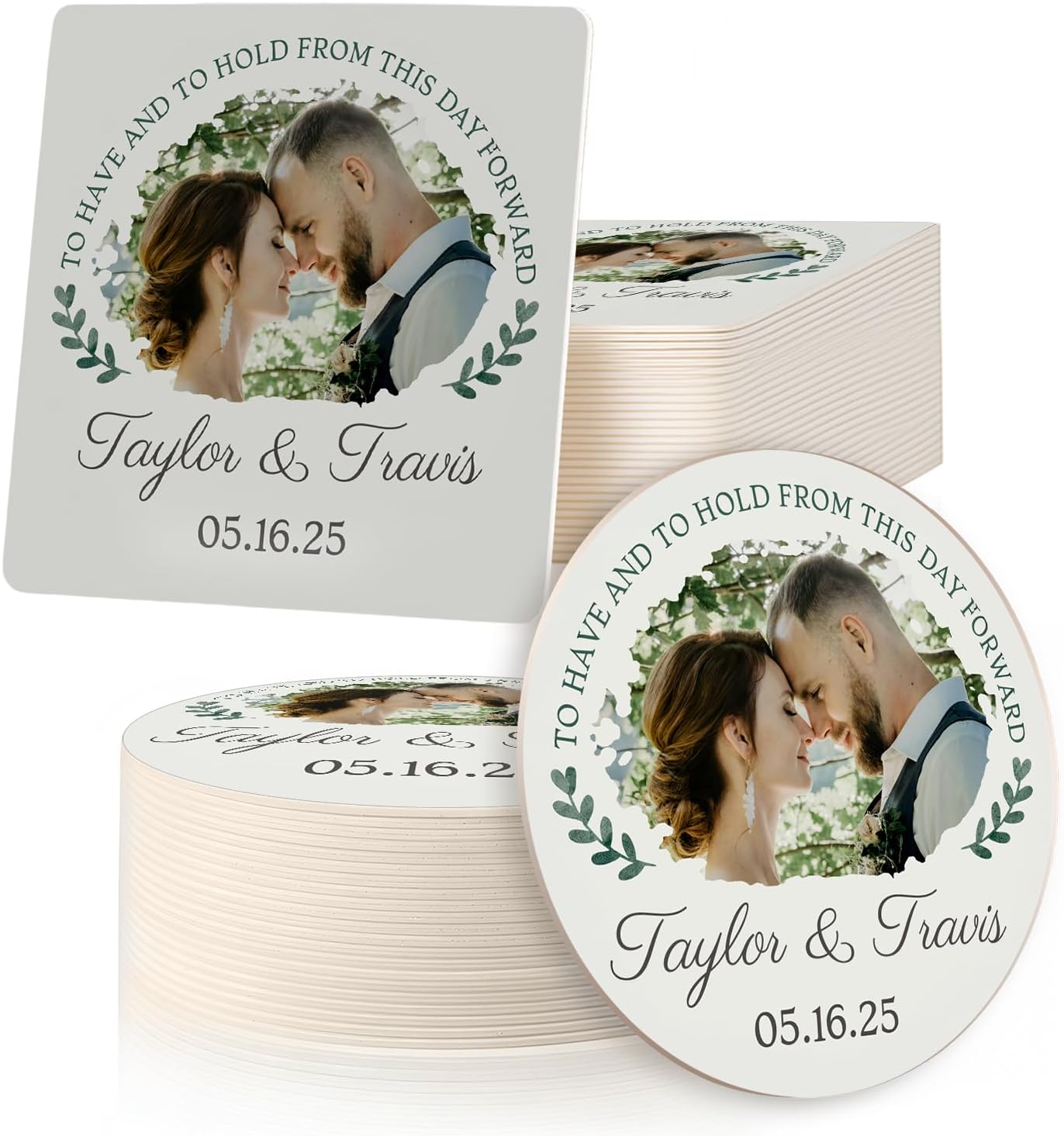 100 Pack Personalized Wedding Coasters, Custom Cardboard Coasters for Drinks with Photo Print and Text, Keepsake Wedding Favors and Gifts for Couples, 3.95" Round (Design 7)