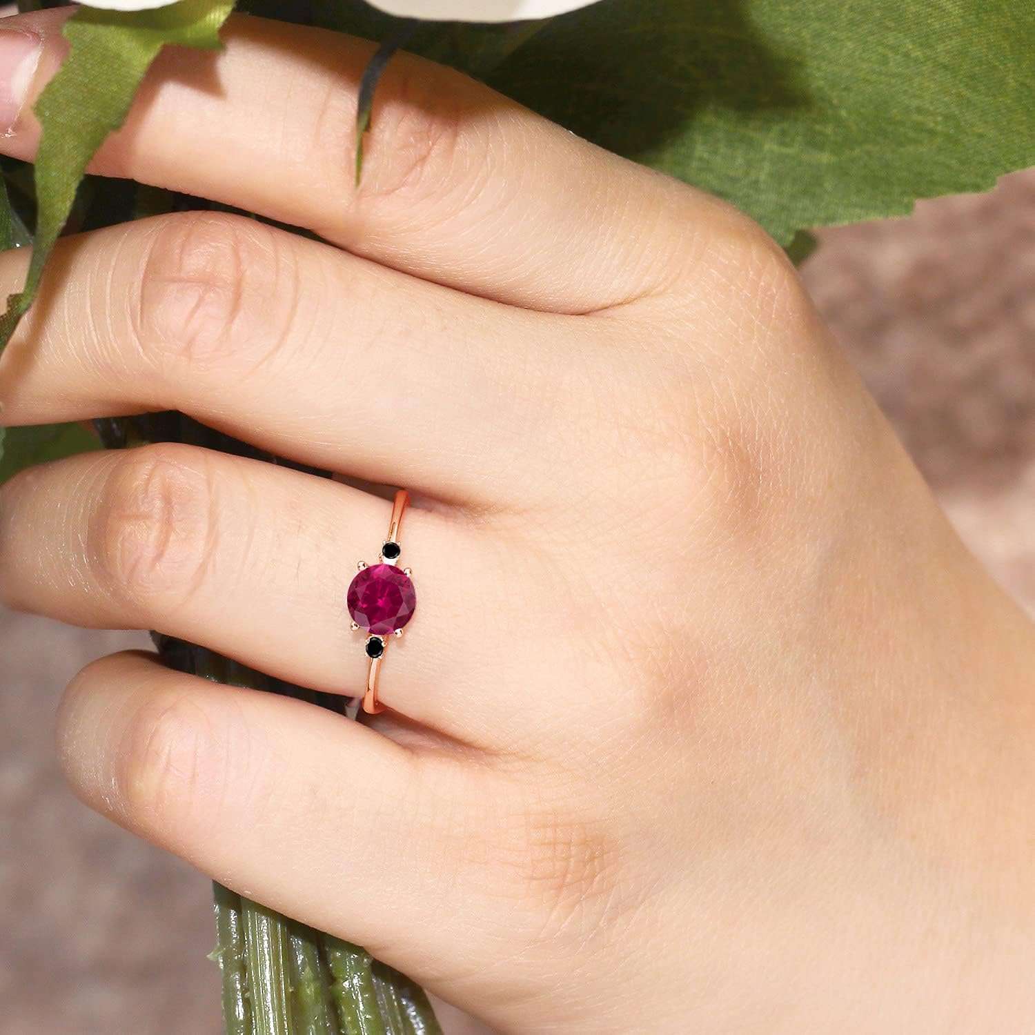 Gem Stone King 10K Rose Gold Red Created Ruby and Black Diamond Solitaire Engagement Ring For Women (1.03 Cttw, Round 6MM, Gemstone July Birthstone) - Image 5