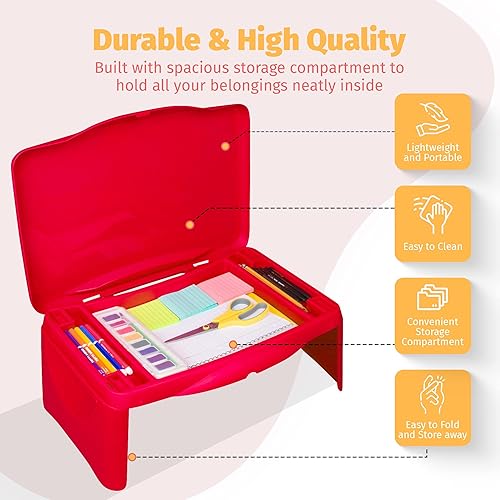 Miniatura 10 de Escritorio plegable rosa  Mesa plegable para trabajo, estudio, juegos, artes, manualidades, escuela  Bandeja plegable para laptop con compartimento