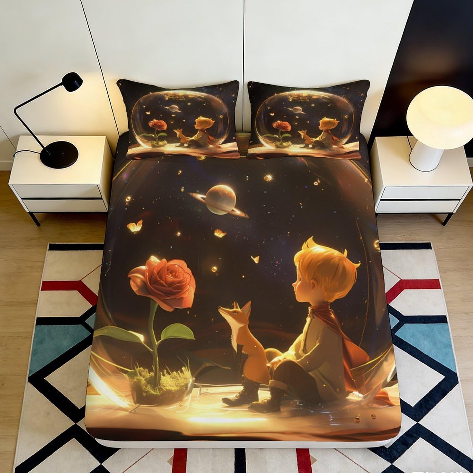 Kzqnxhjprl Style-9 3D Printed Little Prince Night Sky Fitted Sheet Microfiber Soft Slip-Resistant Fox Rose Bed Cover For Bedroom Dorm Decor 90X200x25cm