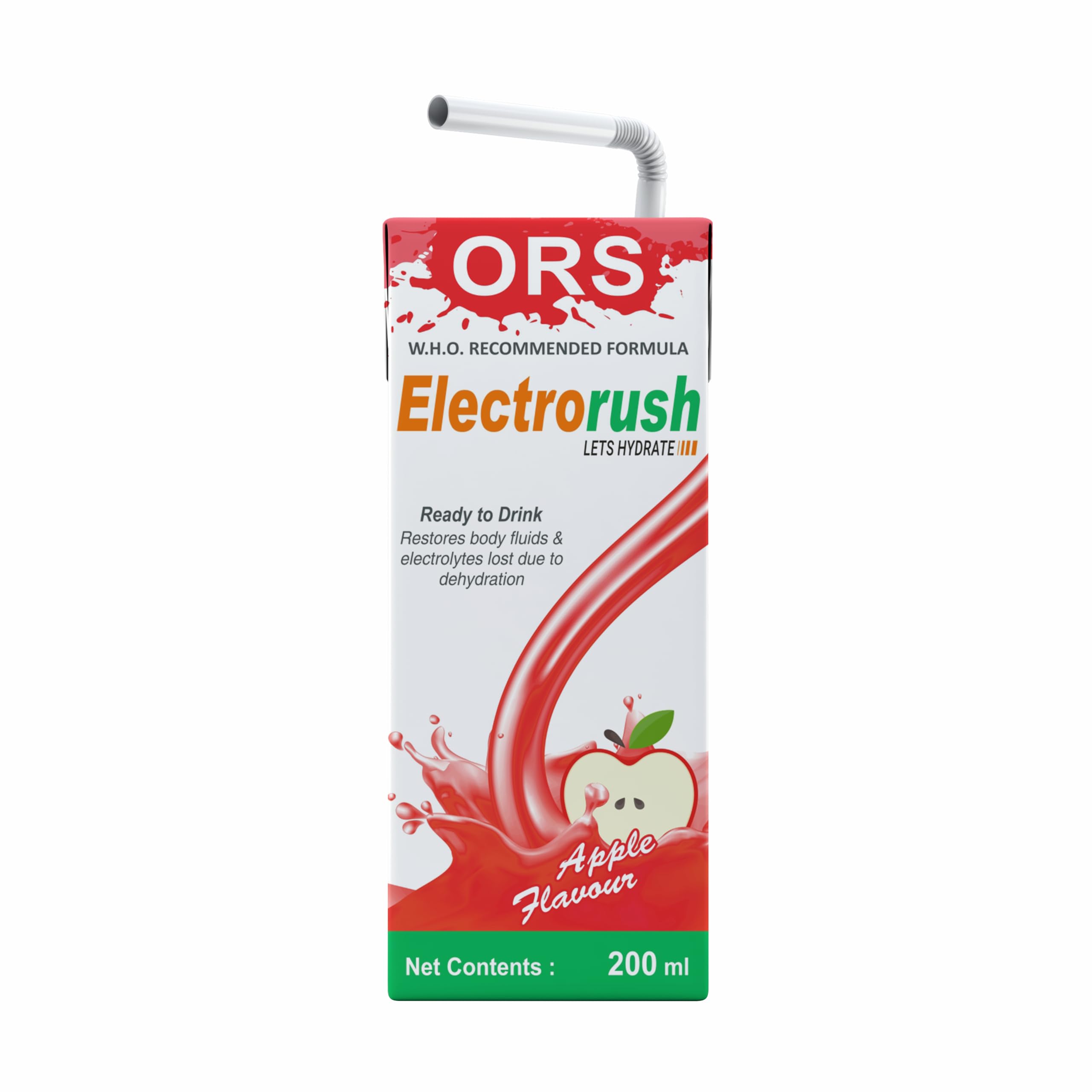 Electrorush ORS Ready to drink | WHO Recommended Formula | Apple Flavour, Pack of 10(200 ml each)