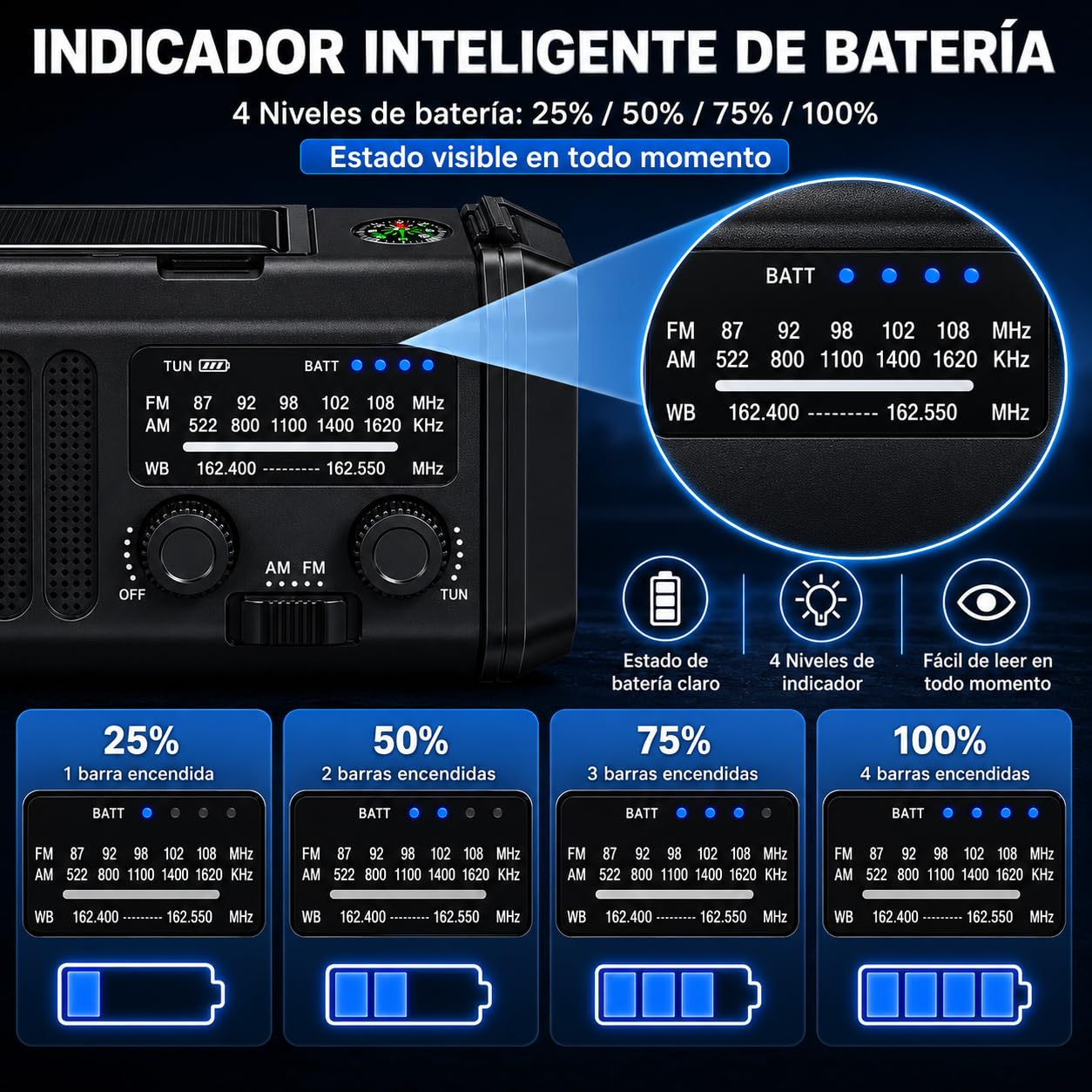 Radio de Emergencia Portátil 20000 mAh, Alarma SOS, Radio FM/Am con lámpara de Lectura, brújula,generador de manivela y Carga Solar, para Exteriores, Carga de Emergencia para Smartphones (Black)