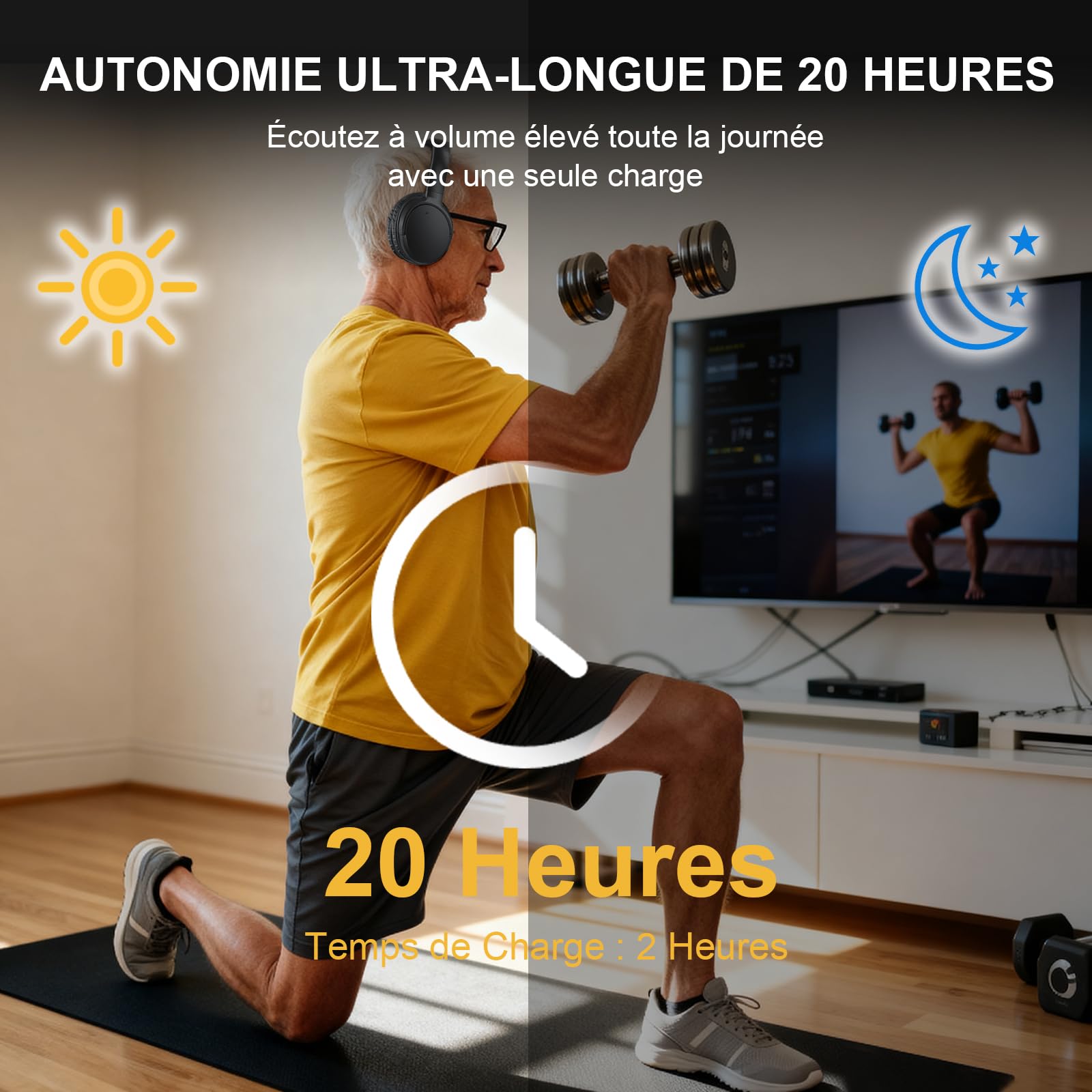 Casque TV Sans Fil pour Personnes Âgées, AptX Faible Latence, Un Bouton Casque Over-Ear avec Émetteur USB (Optique/RCA/AUX/USB), Plus Fort & Plus Clair pour Malentendants, 20H d'Autonomie, Plug & Play