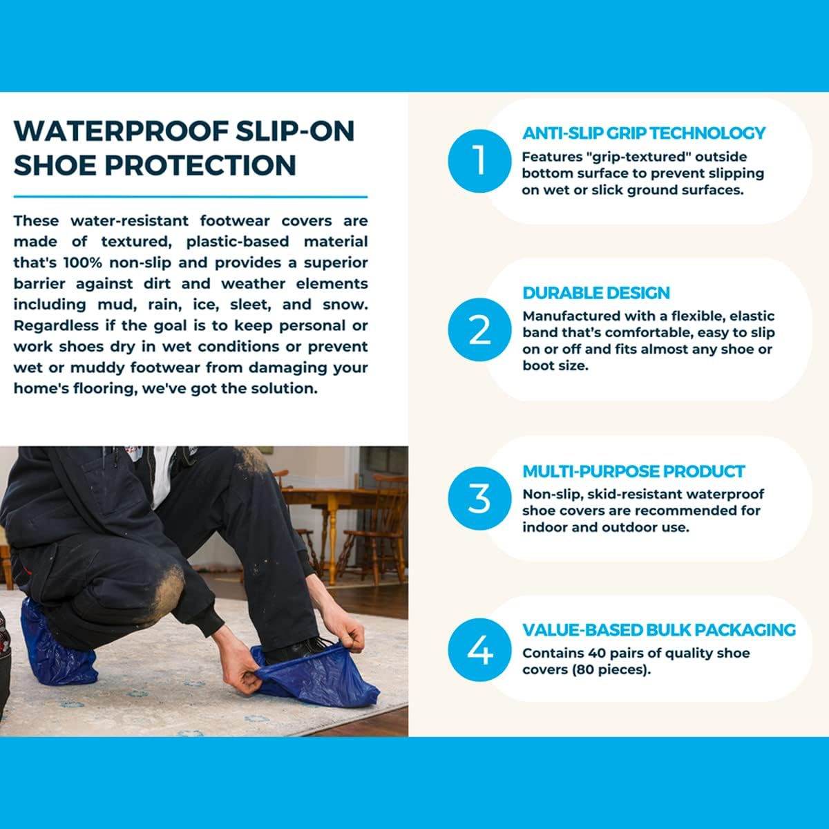 Waterproof Shoe Covers Disposable Non Slip Extra Large Boot Cover - (40 Pairs)