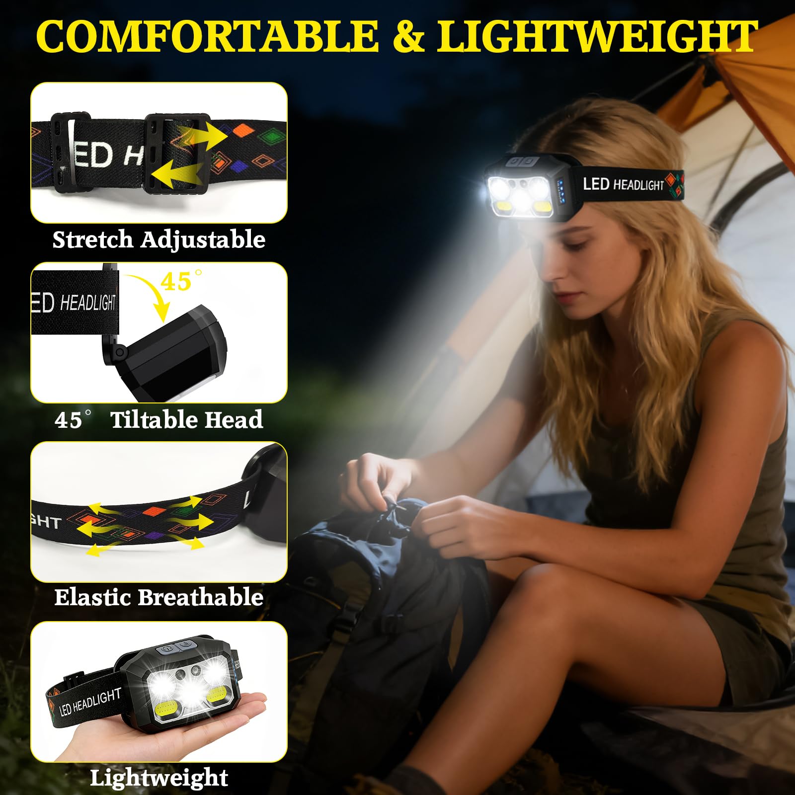 2 Pezzi Torcia Frontale LED Ricaricabile USB Lampada Frontale 6 Modalità di Luce Pila Frontale Ricaricabile 2000 Lumen Con Sensore di Movimento IPX6 Impermeabile per Pesca Campeggio Corsa Joggin