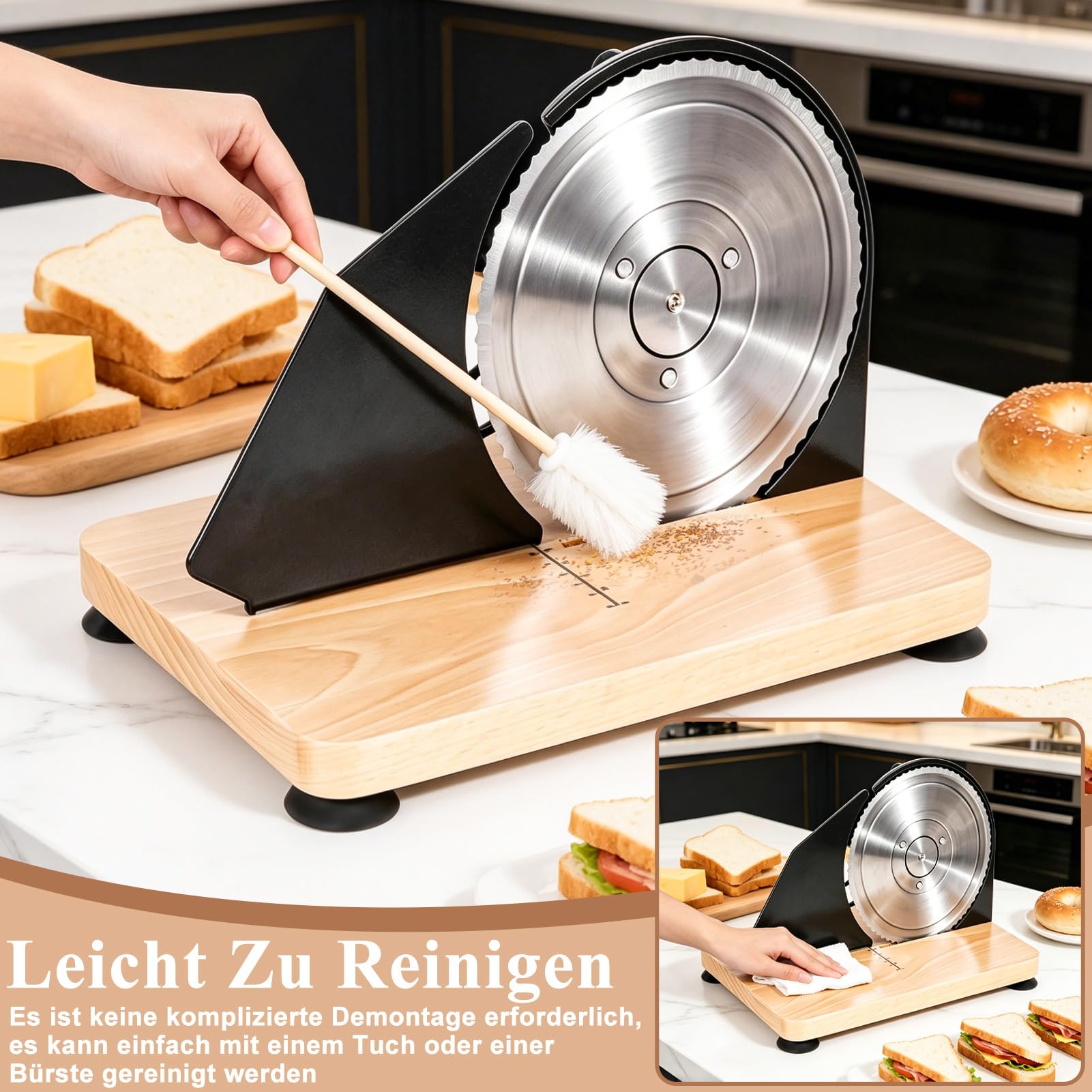 Brotschneidemaschine Manuell, Manuelle Brotschneidemaschine mit Einstellbarer Scheibendicke, Edelstahlklinge, Rutschfeste Saugnäpfe, Gleichmäßige Brotscheiben für Selbstgemachtes Brot & Sauerteigbrot
