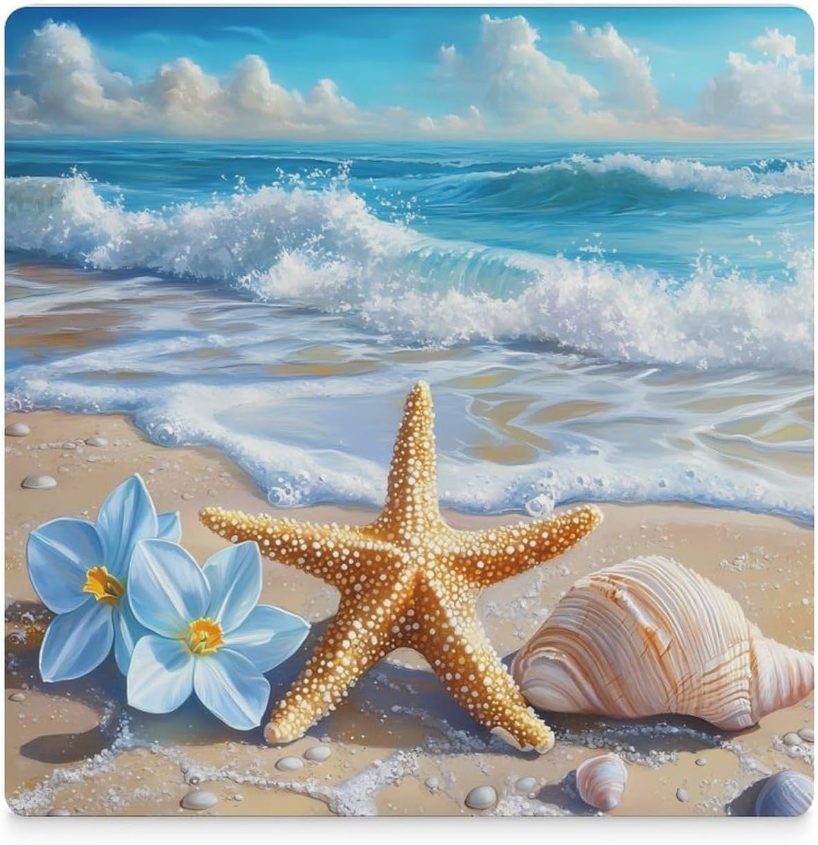 Ocean Waves Shells and Starfish Coasters for Drinks Square Table Coasters Set Cup Mats with Cork Base