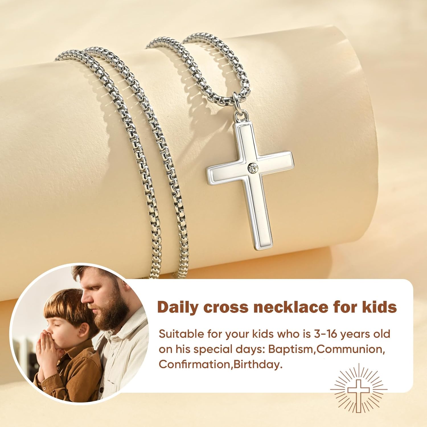 Cross Chain Necklace for Son Gifts : Minimal Stainless Steel Silver Crucifix Cross Pendant Jewelry for Teenage Boys Son from Mom Dad First Communion Confirmation Baptism Birthday Gift with Gift Box - Image 3