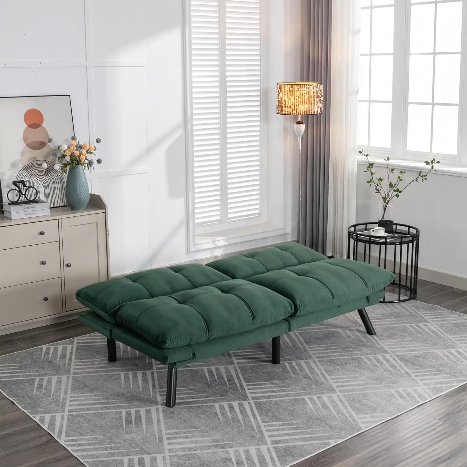 LLS 70.87" Velvet Futon Sofa Bed, Modern Convertible Sleeper Sofa Couch with Adjustable Backrest and Armrests, Tufted Loveseat Sofa with Metal Legs for Living Room, Bedroom, Apartment, Emerald