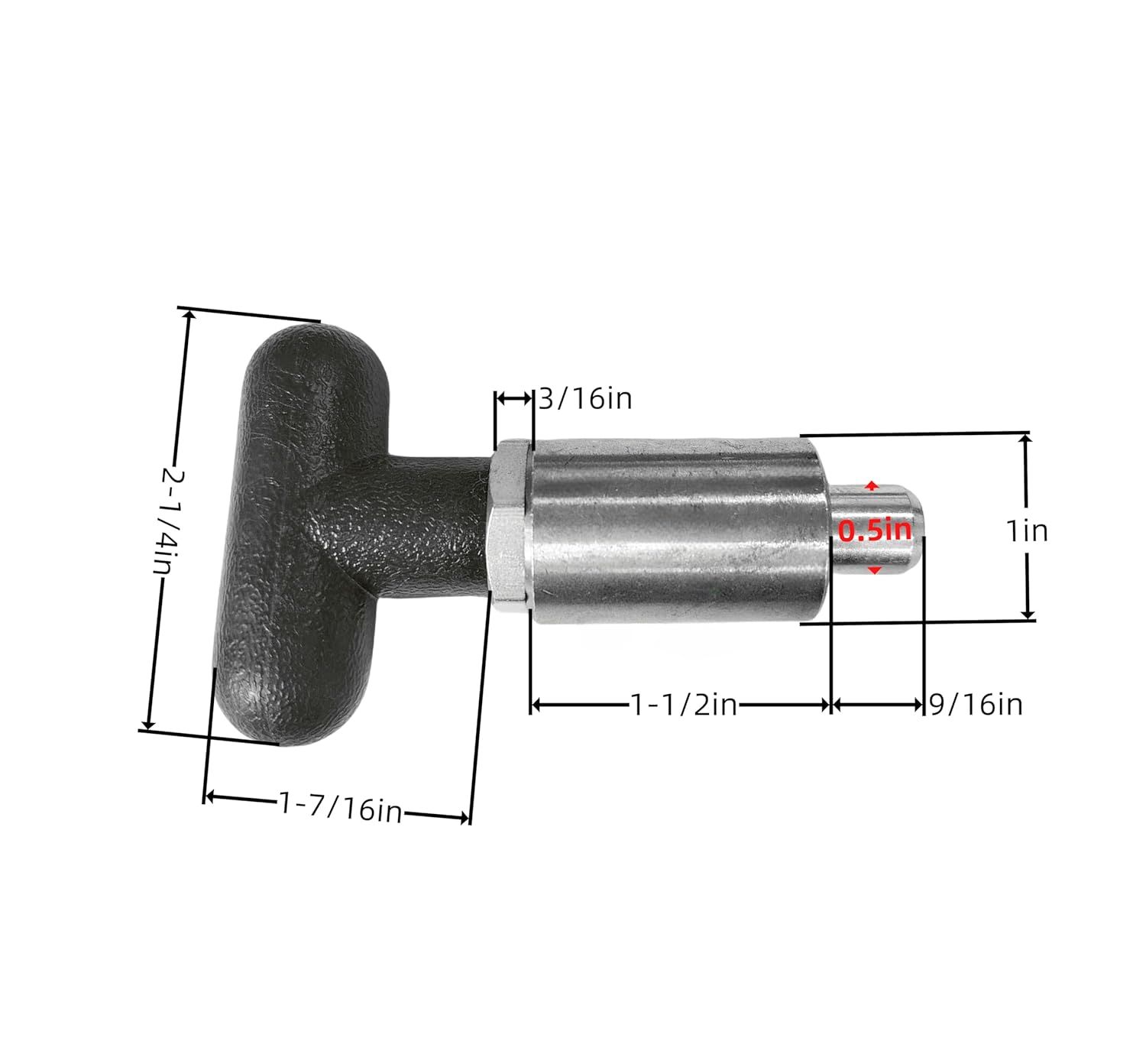 1/2" Diameter T knob Spring Loaded Pop Pin Spring Loaded Zinc Plated Steel Plunger POP Pull Pin Tire Carrier Pin , Black Plastic T-Handle Knob Round Nut W/Grub Screw Lock (T-Handle)
