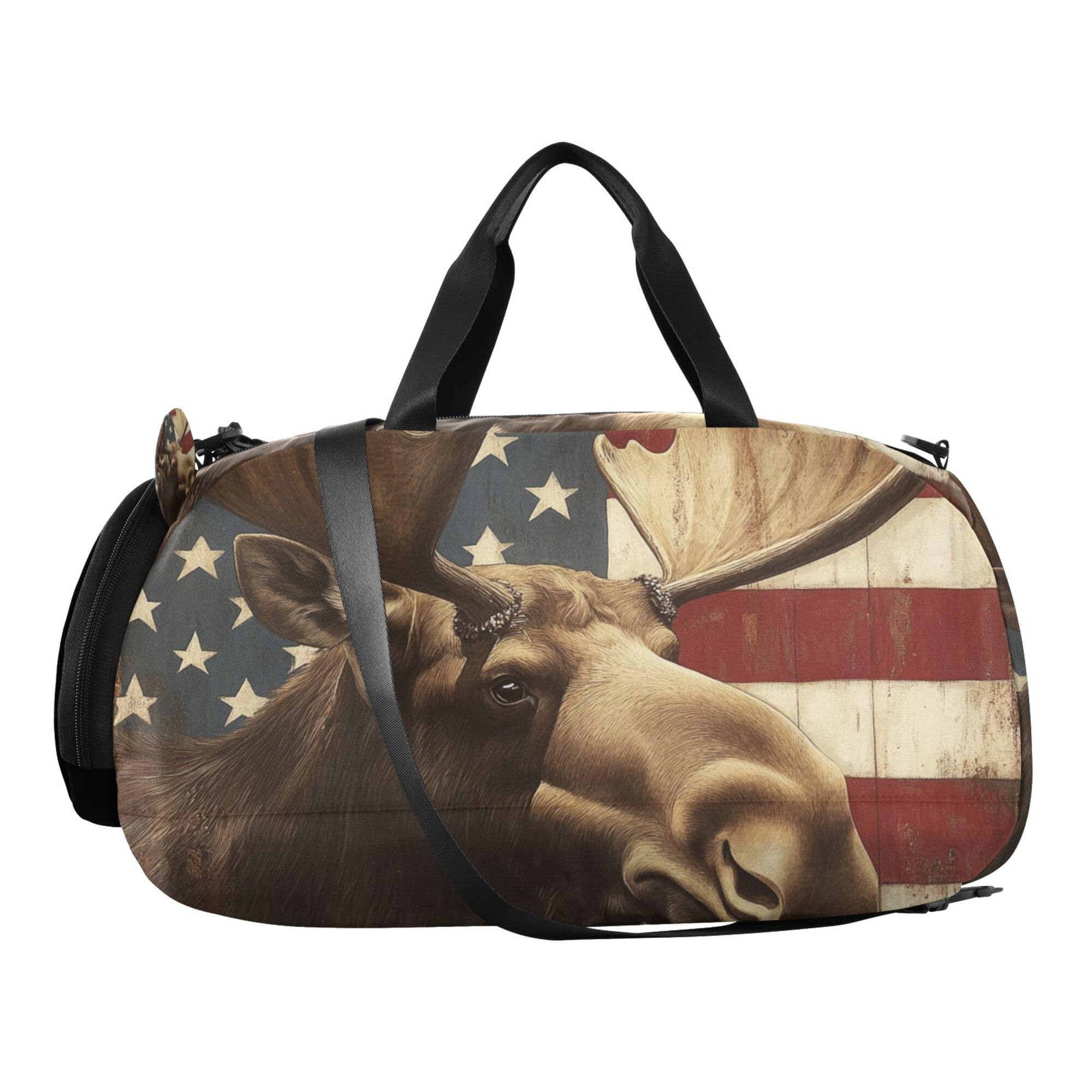 Glaphy American Flag Moose and Baseball Duffle Bag for Toddler Boys Girls, Gym Sports Bag with Shoe Compartments, Kids Travel Overnight Weekender Shoulder Bag