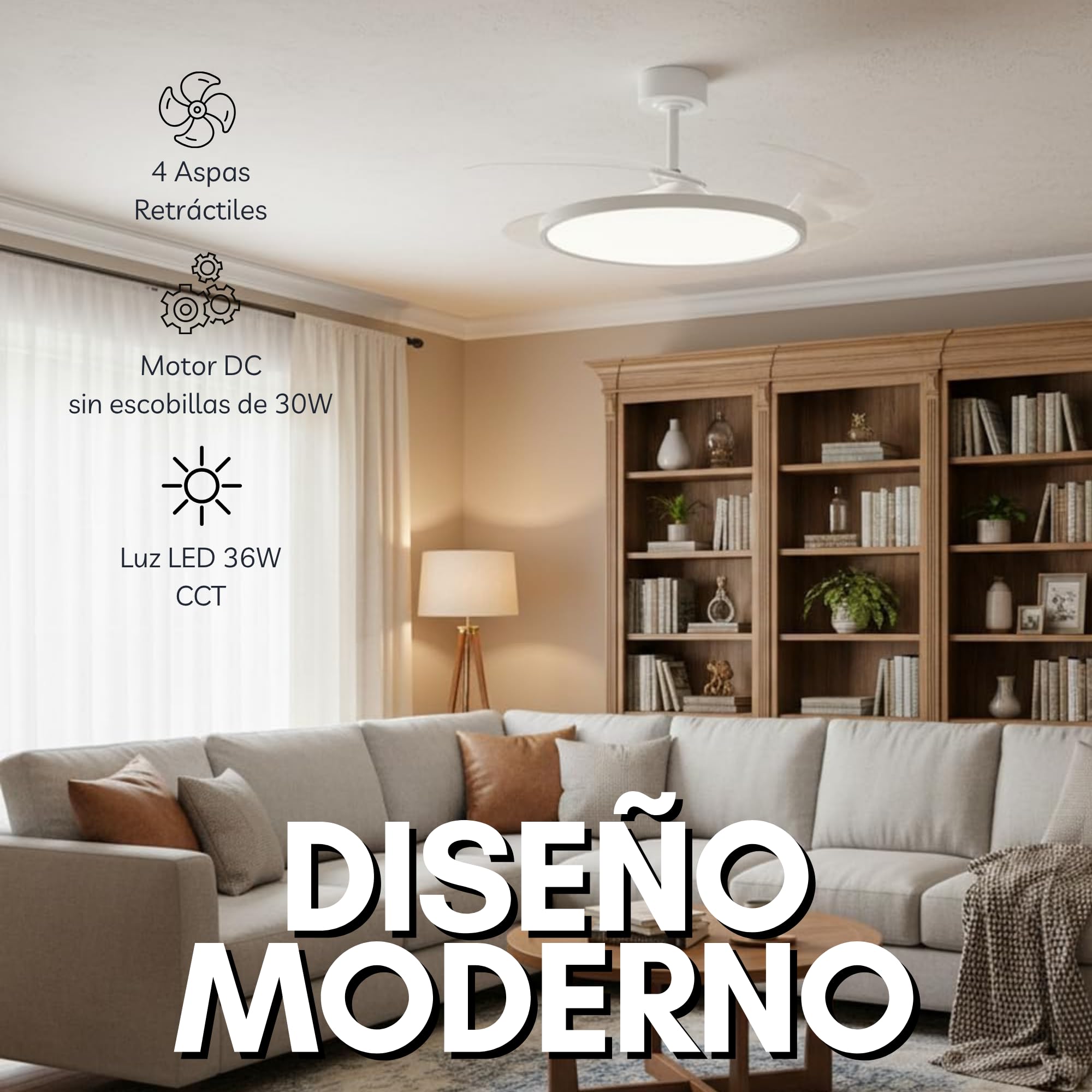 Ventilador de Techo LED Blanco con Aspas Retráctiles 36W Ultrafino, Motor DC Silencioso 26dB, 3CCT: 3000-4000-6000K, 6 Velocidades, Función verano e invierno, Mando a distancia