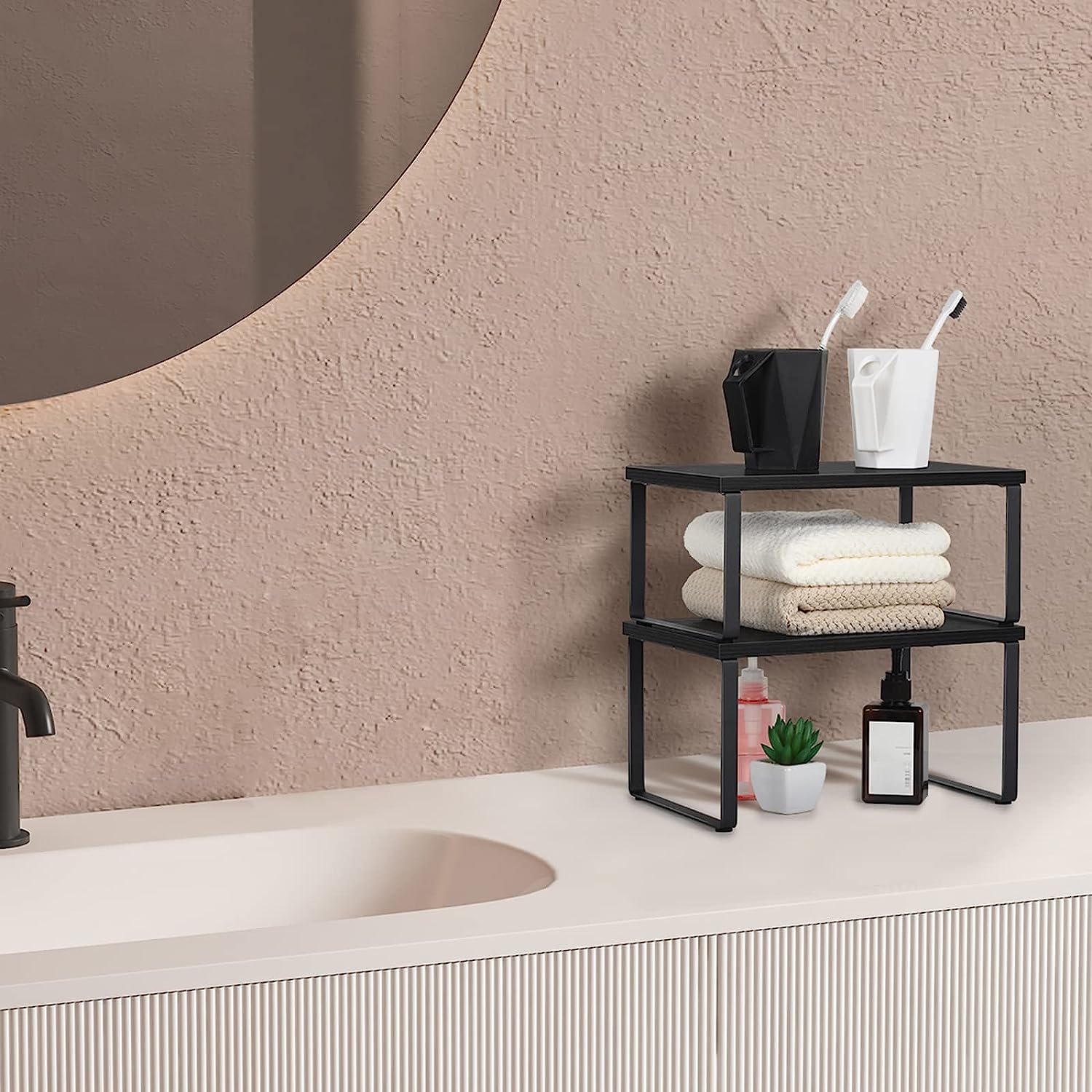Juego de 4 Organizador Cocina Estanteria Cocina, Organizador Armarios Cocina Apilable para Encimera, Gabinete, Estantes de Almacenamiento para Alimentos y Cubiertos (Negro 2)