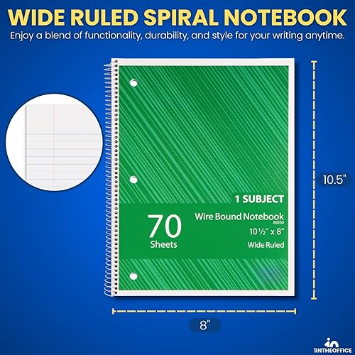 Miniatura 3 de 1InTheOffice Cuaderno de espiral con rayas universitarias de 10.5 x 7.5 pulgadas, cuadernos de 1 materia, cuadernos de espiral encuadernados con