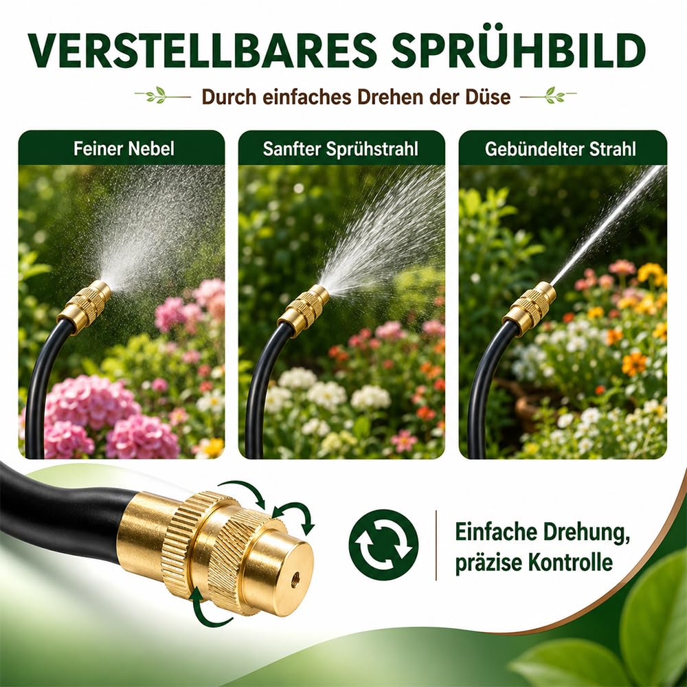 LIGBT Sistema di irrigazione automatico da giardino, 15 m, 360°, set completo con 15 ugelli di spruzzo regolabili, nebbia e irrigazione a goccia, per balconi, serre, aiuole rialzate, piante in vaso e