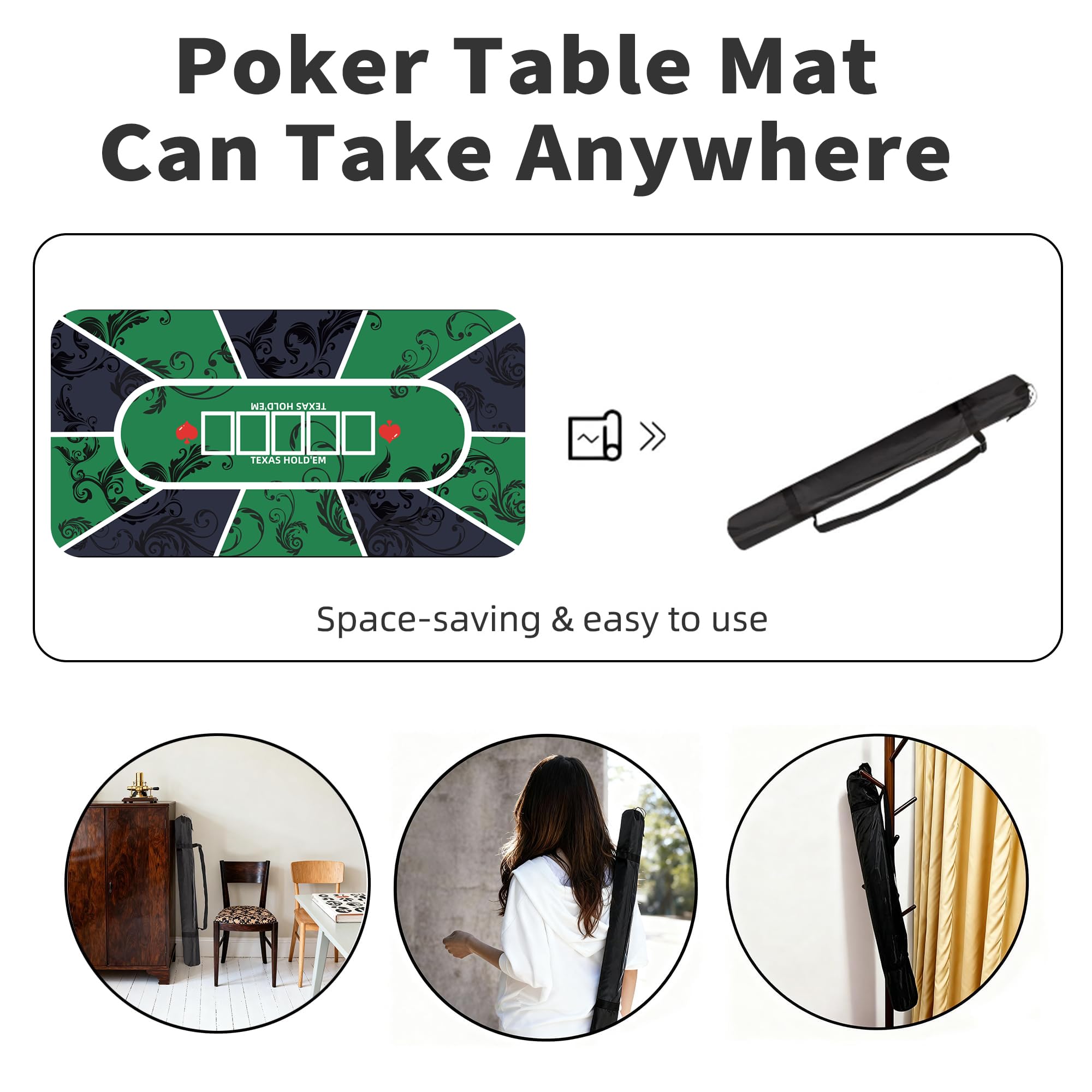 Tapete de póquer Texas Hold'em de 70 x 35 pulgadas para 6 a 8 jugadores, diseño de póquer de goma antideslizante con bolsa de transporte para juegos de casino y blackjack de noche de