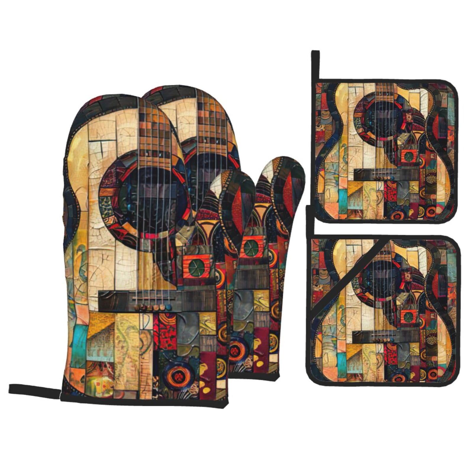 Art Guitar Pattern Print 4-Piece Oven Microwaving Set Kitchen Gloves for Holiday Cooking Baking Grilling