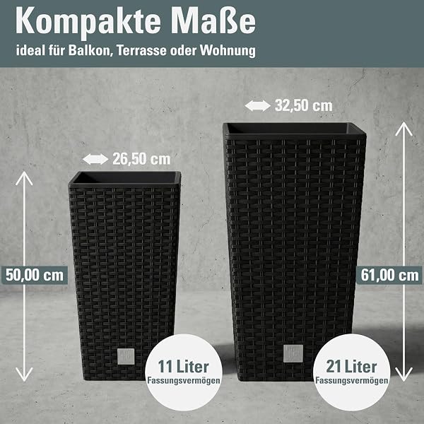 Macetero de ratán Prosperplast 26.6 L Sembradora de antracita Interior exterior con caja interior resistente a la intemperie, negro, 26.5 x 26.5 x 50 cm, DRTS265-S433 - 3