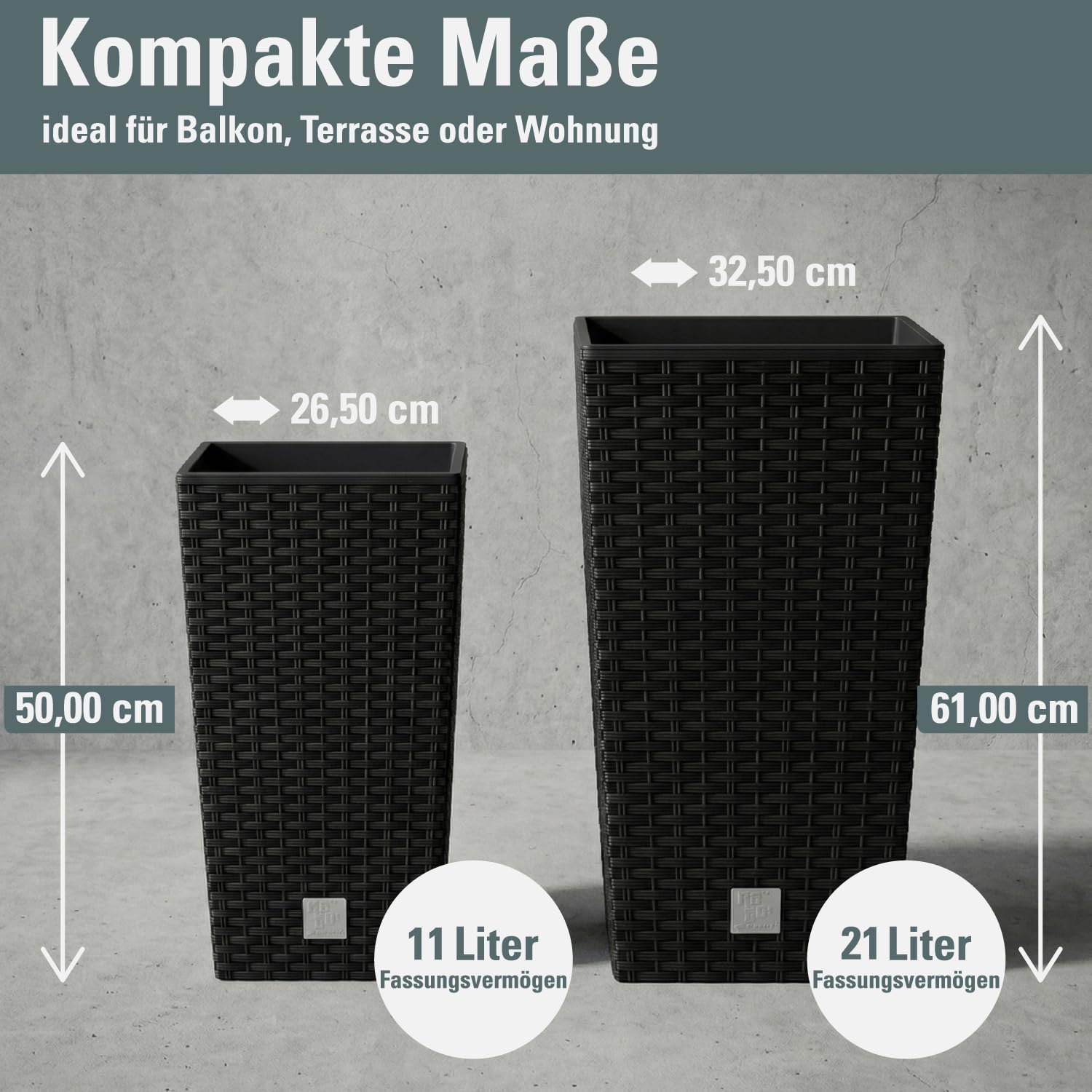 Macetero de ratán Prosperplast 26.6 L Sembradora de antracita Interior exterior con caja interior resistente a la intemperie, negro, 26.5 x 26.5 x 50 cm, DRTS265-S433 — view 3