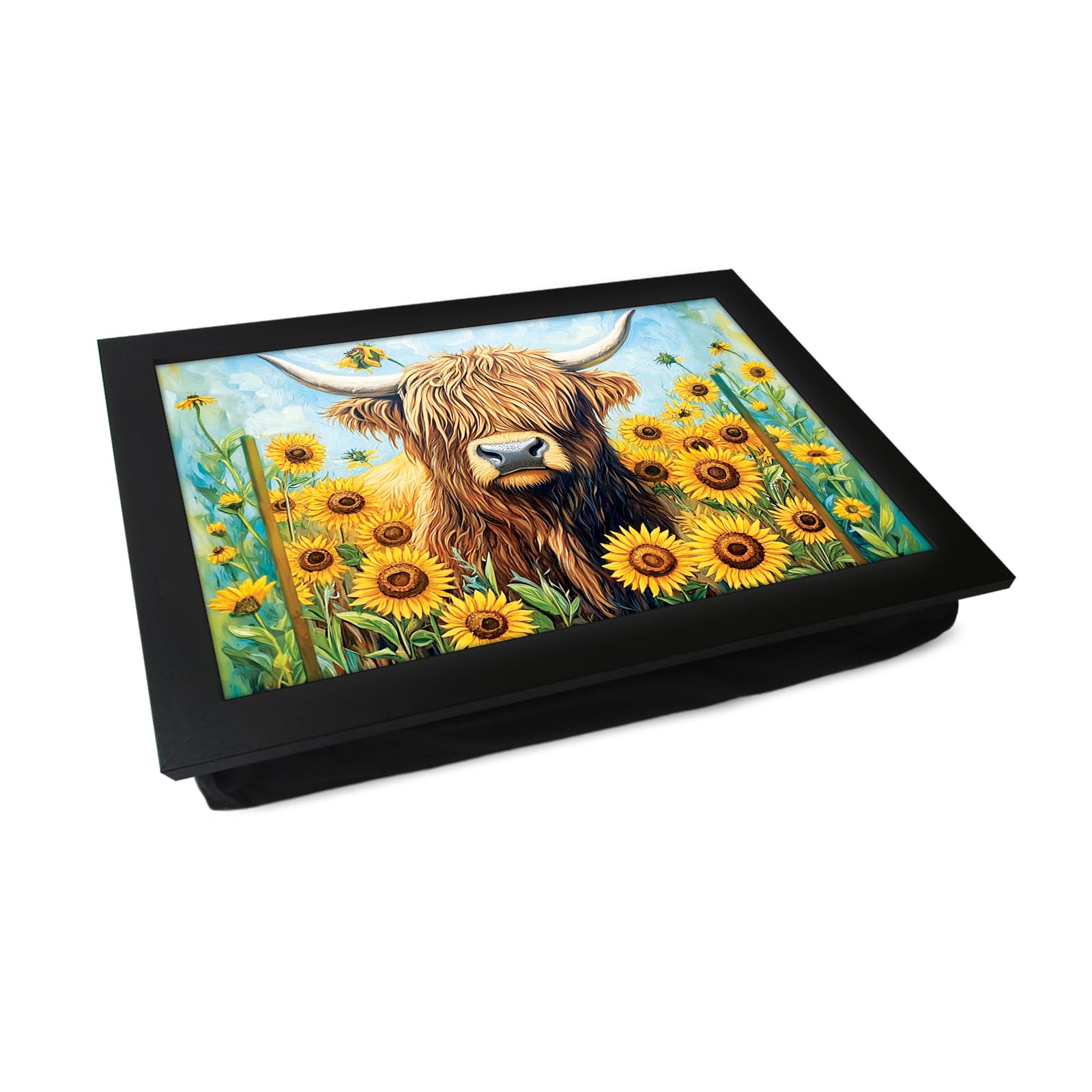 Portable Lap Desk Tray (Highland Cow in a Sunflower Meadow) Handmade Wooden Frame, Beanbag Cushioned Bottom | Computers, Laptops, Meals, Food | L1600 (Black Frame Black Cushion)