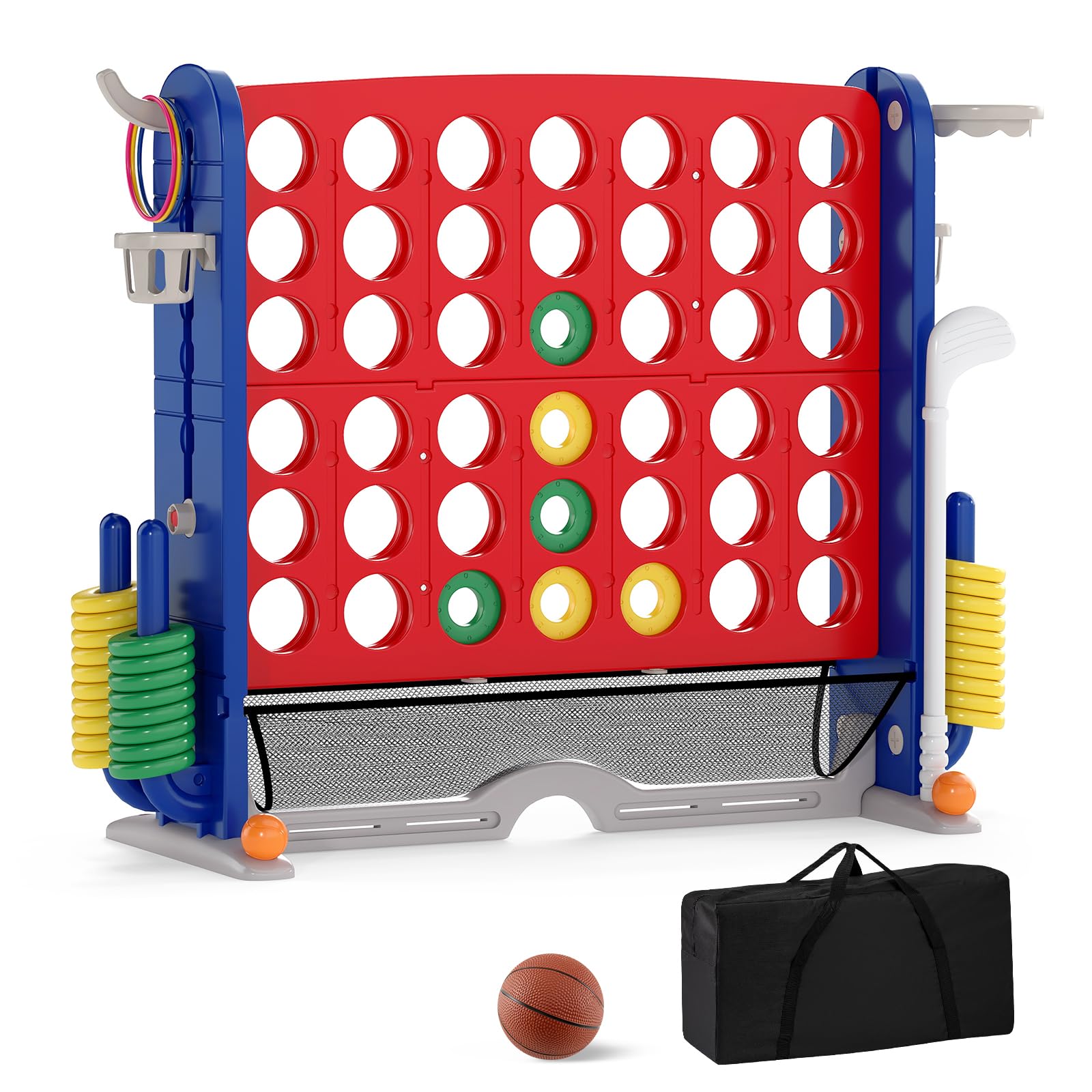 COSTWAY 4 in 1 Forza 4 Gigante, Set di Gioco 4 in Fila con Lancio degli Anelli, Canestro da Basket, Palla, Mazza da Golf, Porta Bicchieri, Borsa e Tasca a Rete, Forza 4 Regolabile in Altezza (Rosso)