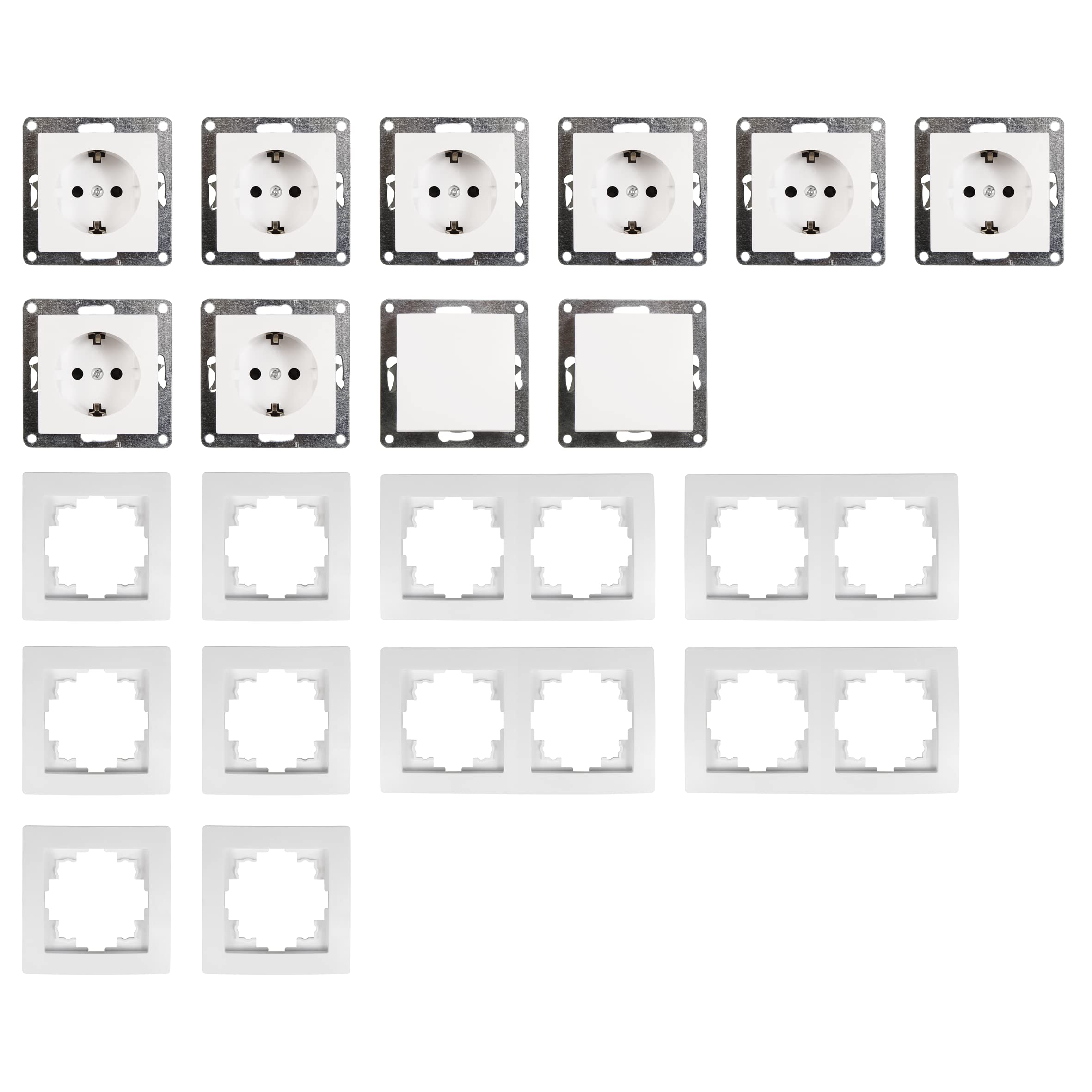 McPower Flair - Wand Steckdosen und Schalter Set I Standard I 20-teilig I 8x Steckdose 2x Wechselschalter 10x Rahmen | Aufputz Unterputz | Serie in Weiß matt