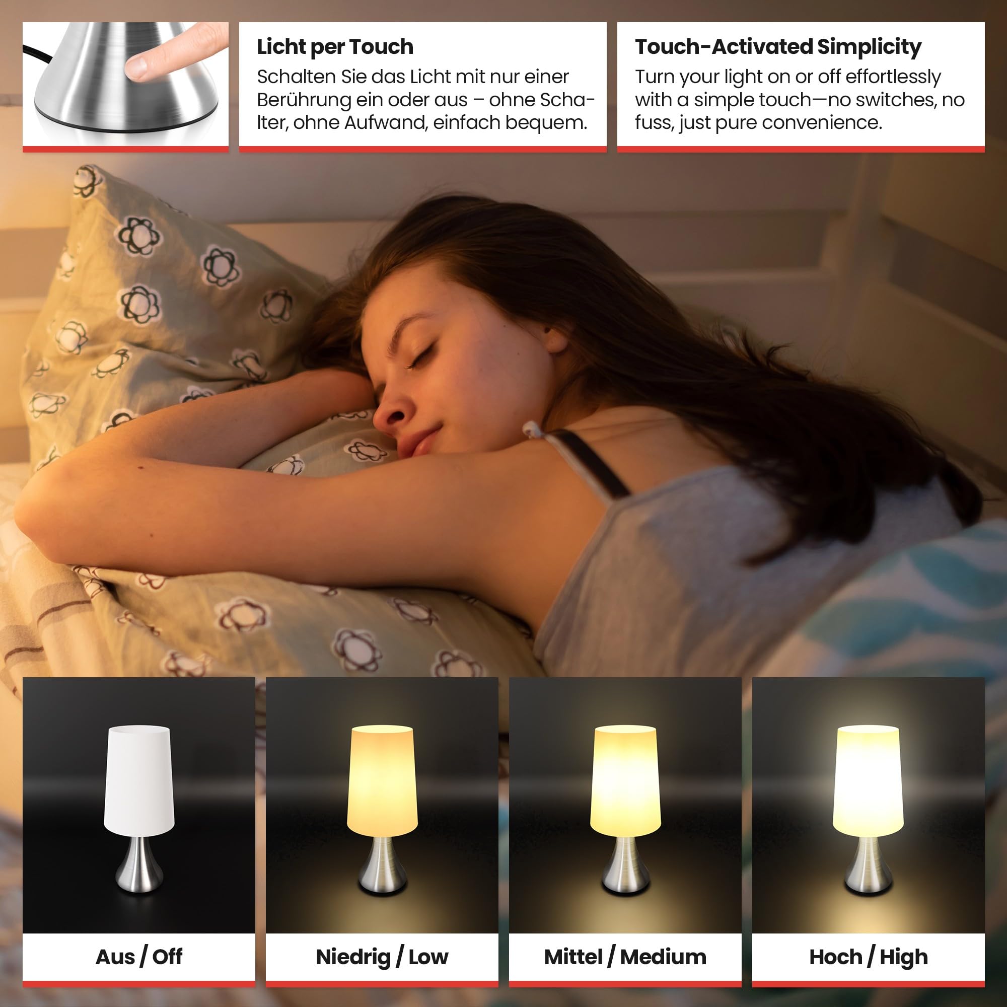 Jago Tischlampe Mit Dimmer Touch – 2er Set, Nachttischleuchte Mit 3 Helligkeitsstufen, E14-Fassung