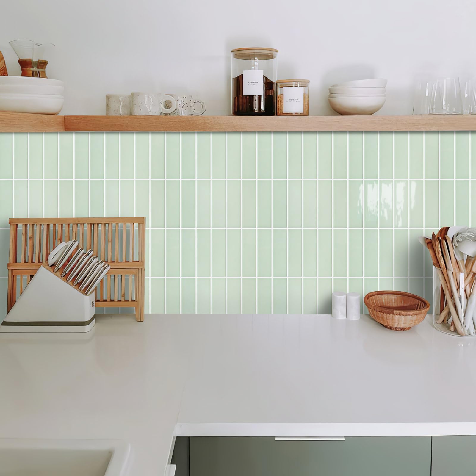Alwayspon 10 Sheet 12x12inch Sage Green 3D Self Adhesive Wall Tile Sticker Transfers, Peel and Stick Self Adhesive Waterproof Splashback Stick on Tile Decals for Kitchen Bathroom Wall