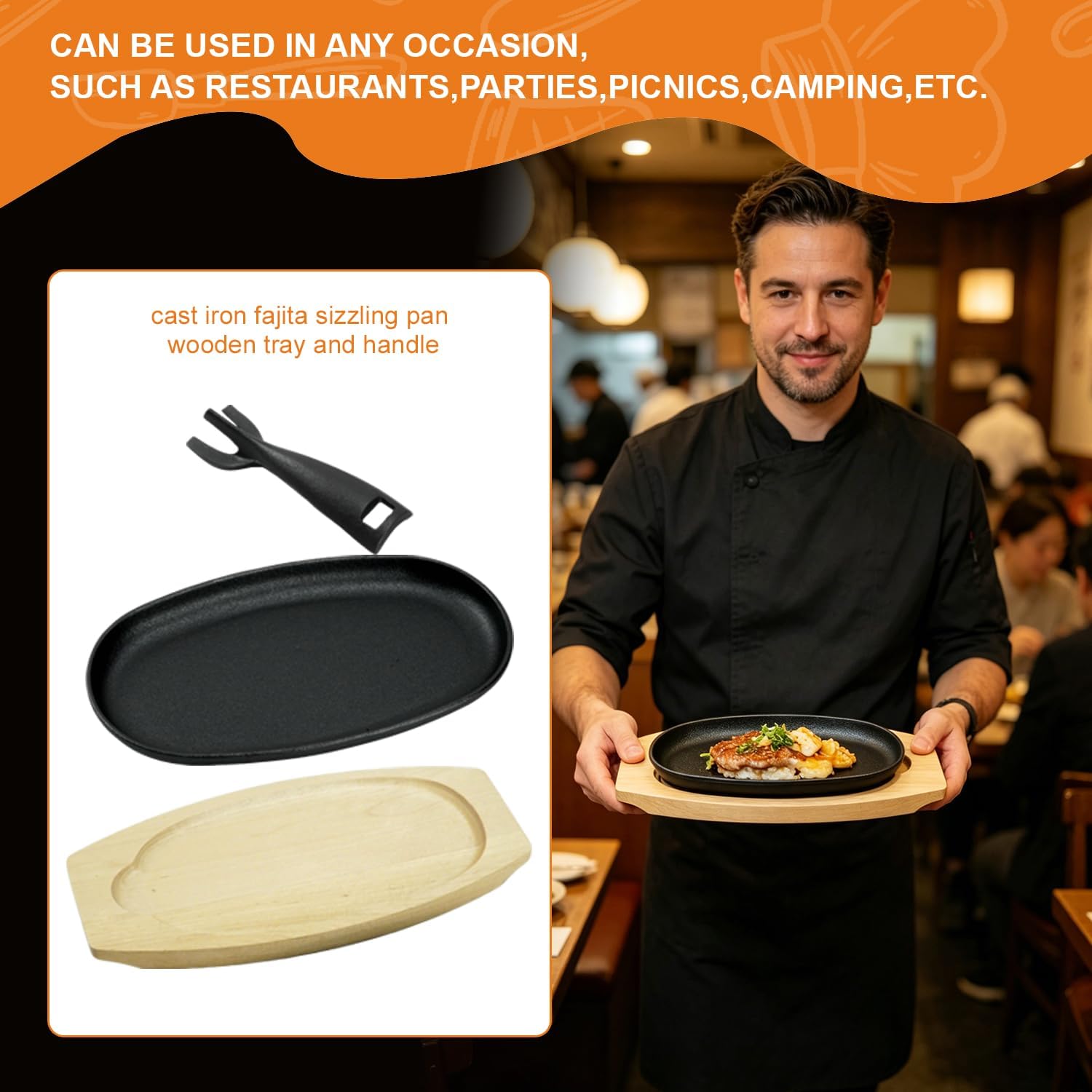 DVK 2 Sets Cast Iron Fajita Plate Set with Detachable Handle and Wooden Tray Sizzler Pan for Steak and Serving Pre Seasoned Heavy Duty Skillet for Oven, Grill Induction Space Saving Design