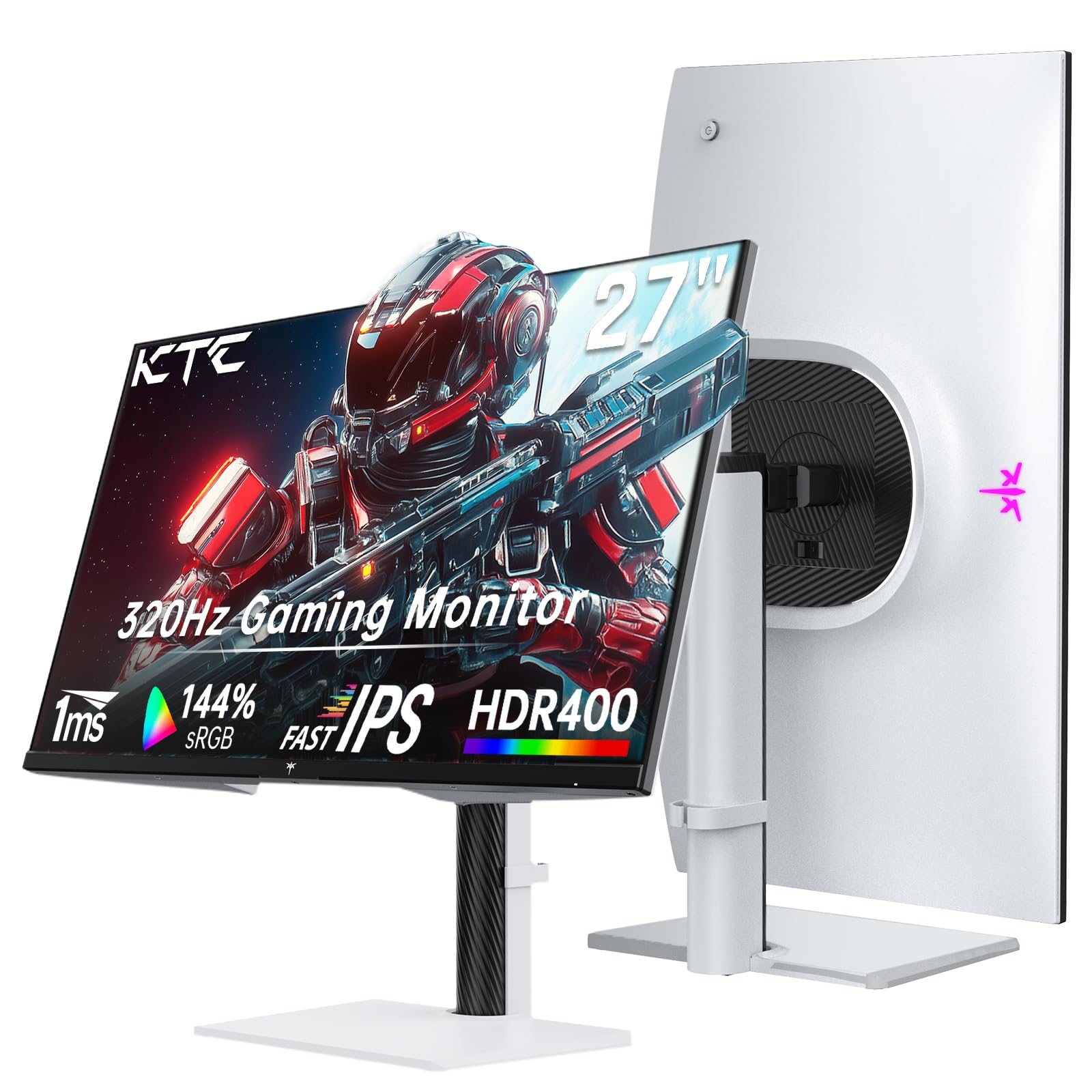 KTC 320hz Monitor Gaming 27 Pulgadas, 300Hz240hz, QHD Monitor Blanco, Fast IPS, 1ms, 2K 2560 x 1440P, Freesync & G-Sync, 144% sRGB, HDR400, Luz Azul Baja, VESA 100x100, DP1.4/HDMI 2.1